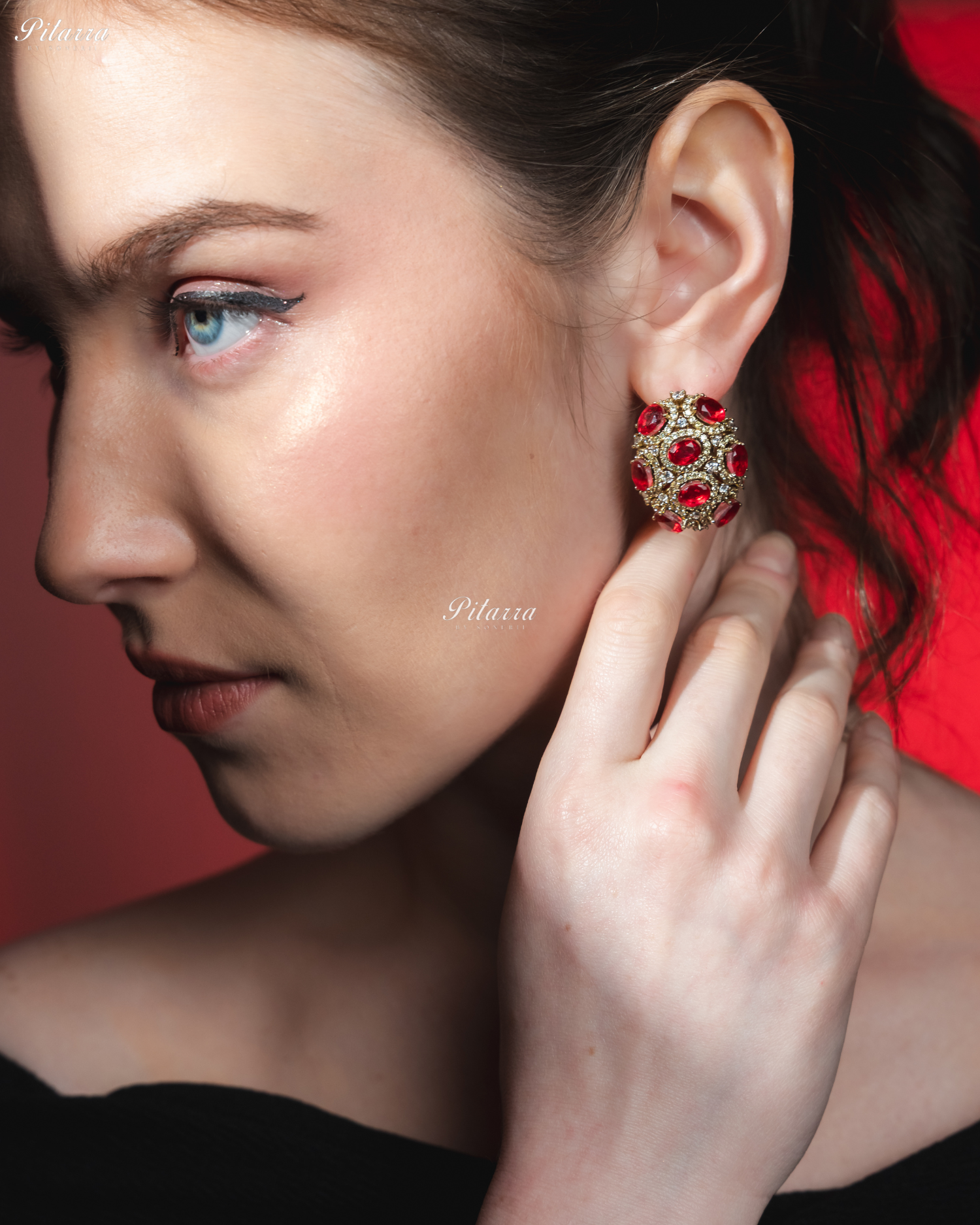 Red Stone Golden Crystal Stud Earrings