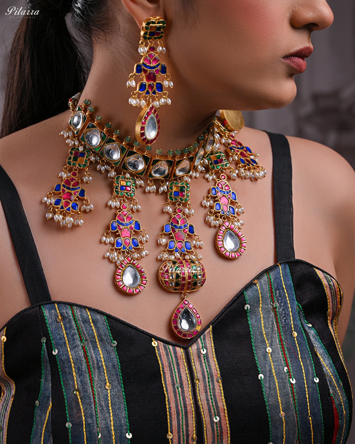 Multicolor Handcrafted Pachi Kundan Necklace Set