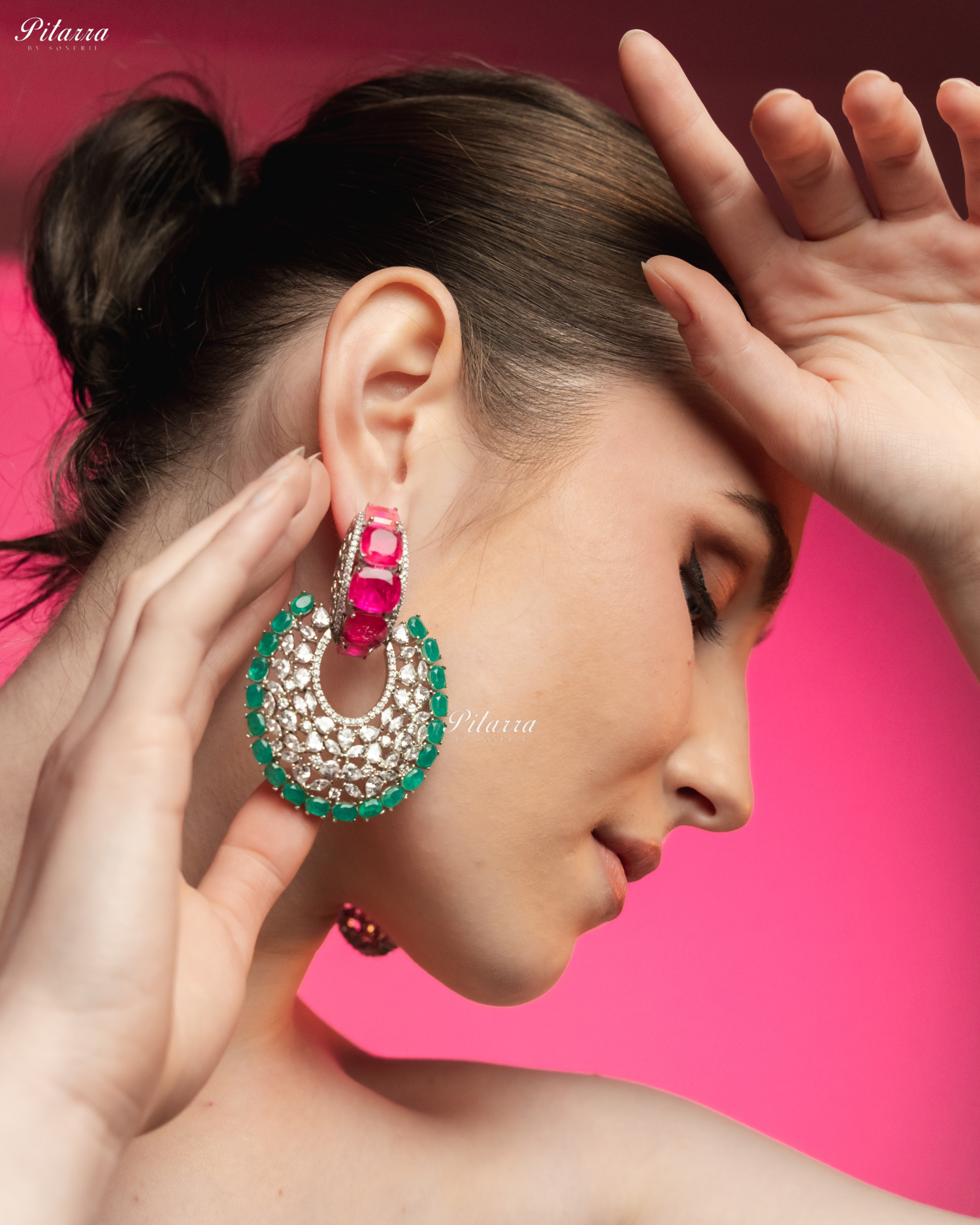 Pink Stone Emerald Layer Cubic Zirconia Dangler Earrings