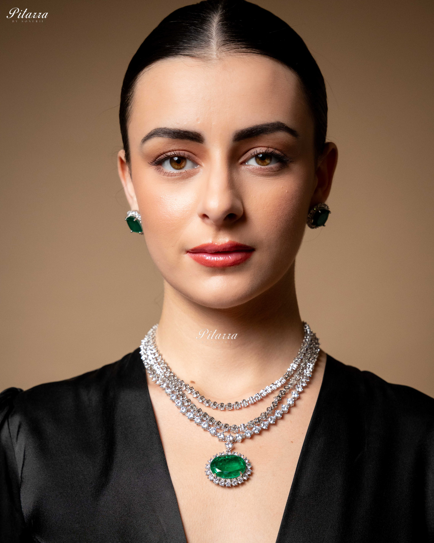 Emerald Stone Cubic Zirconia Silver Necklace Set