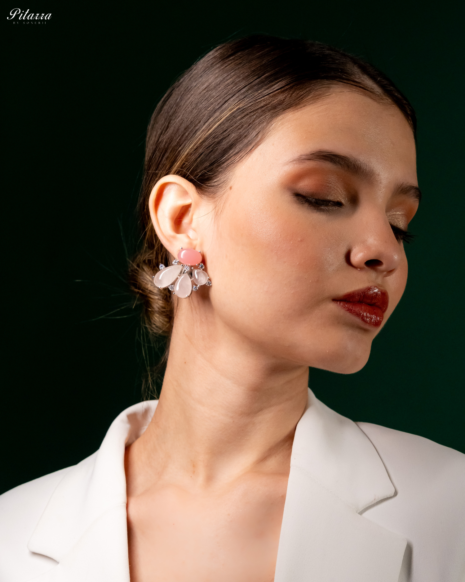 Silver Pink Stone Stud Earrings