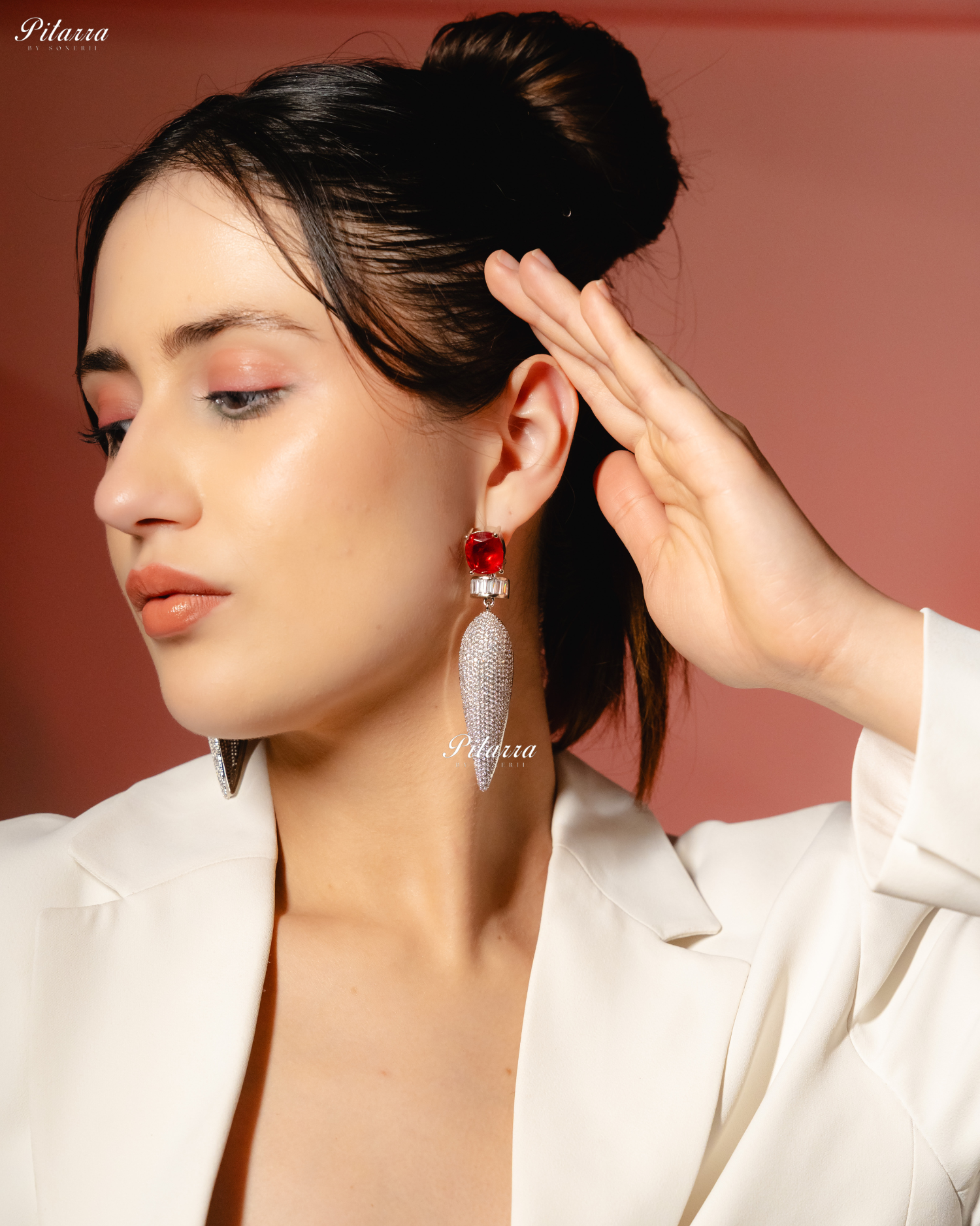 Red Stone Shiny Teardrop Doublet Dangler Earrings