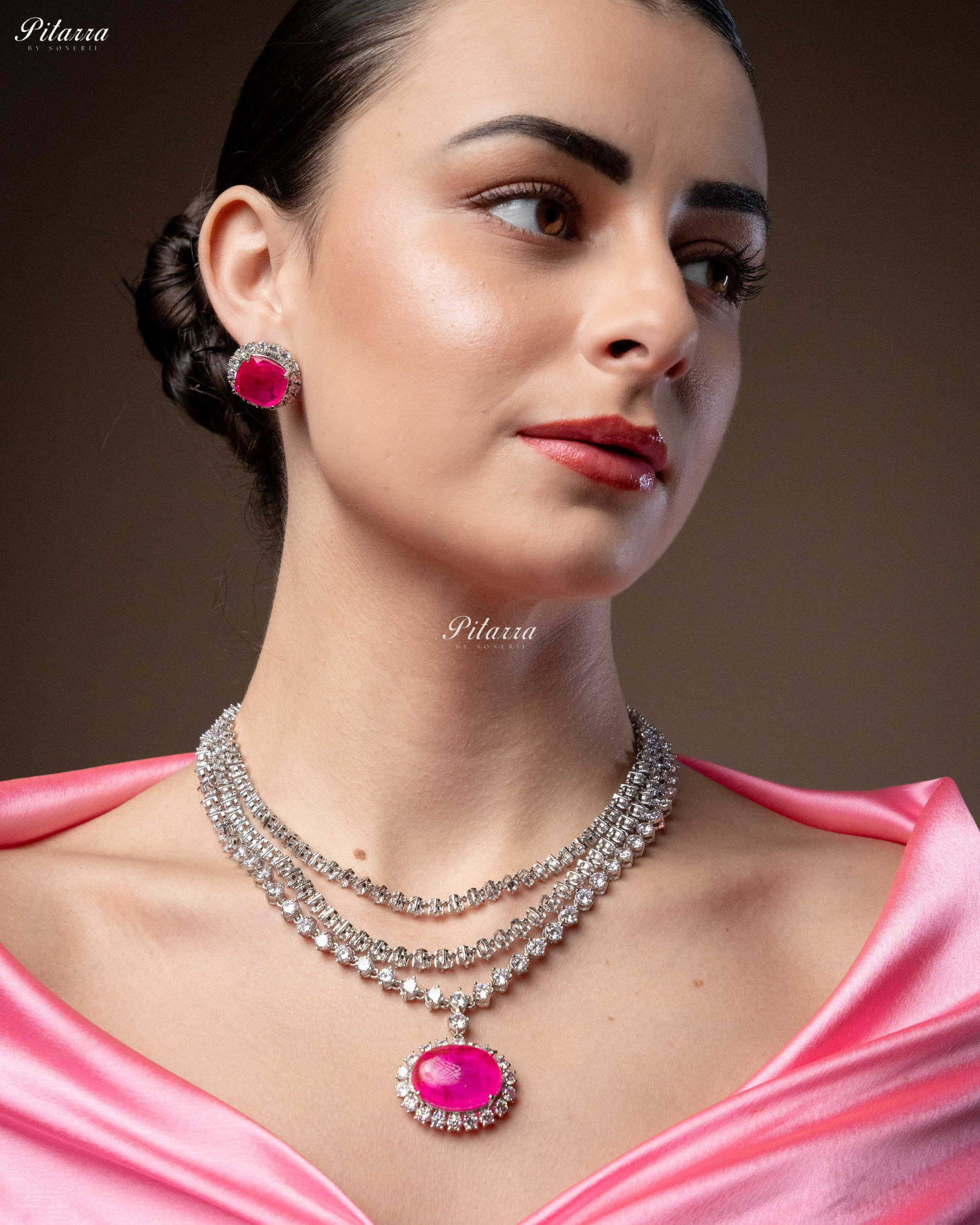 Pink Stone Cubic Zirconia Silver Necklace Set