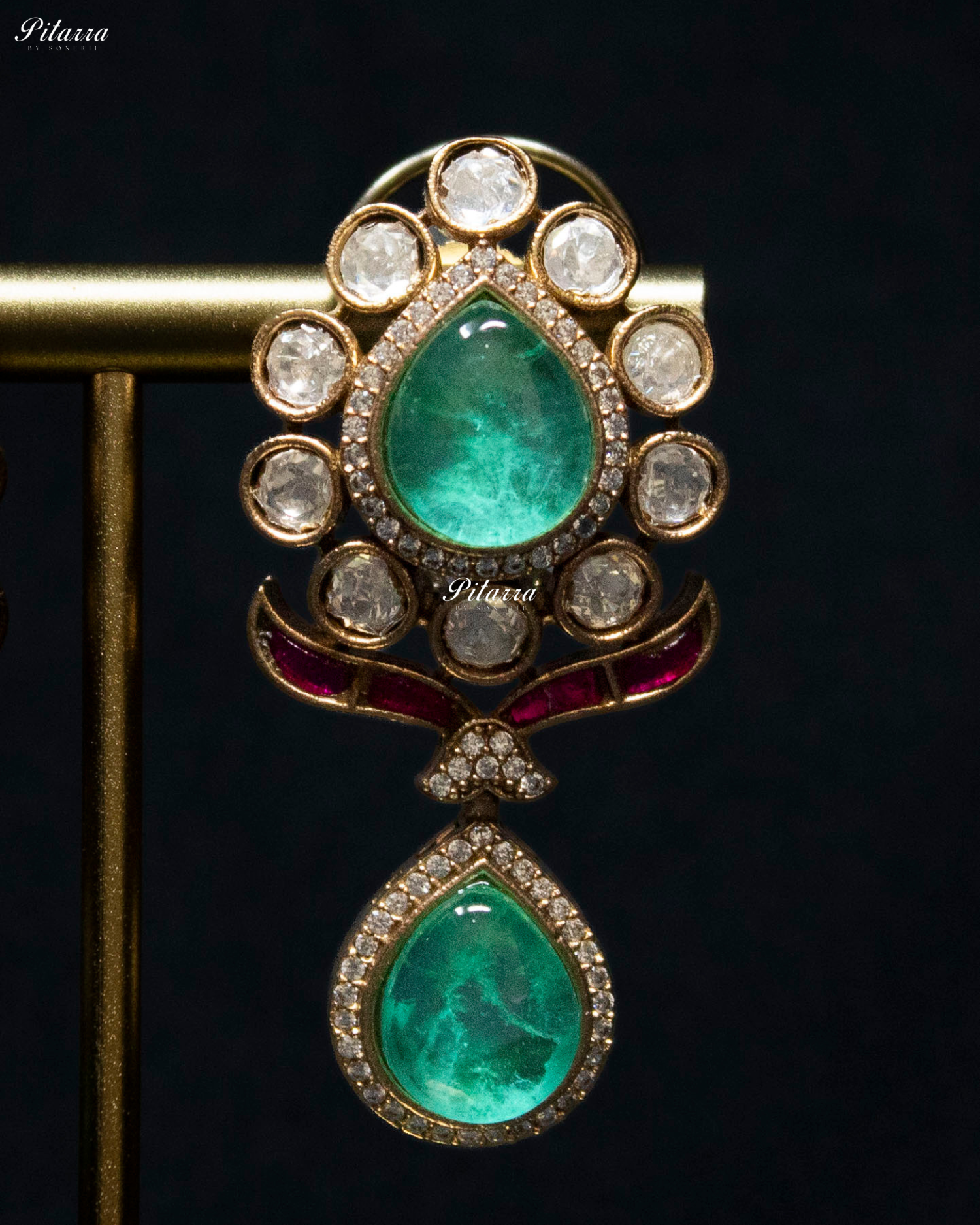 Green Drop Pink Line Victorian Polki Kundan Necklace Set