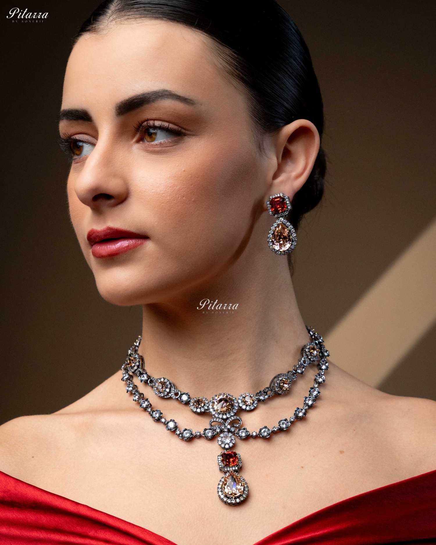 Multicolor Two Layer Silver CZ Necklace Set