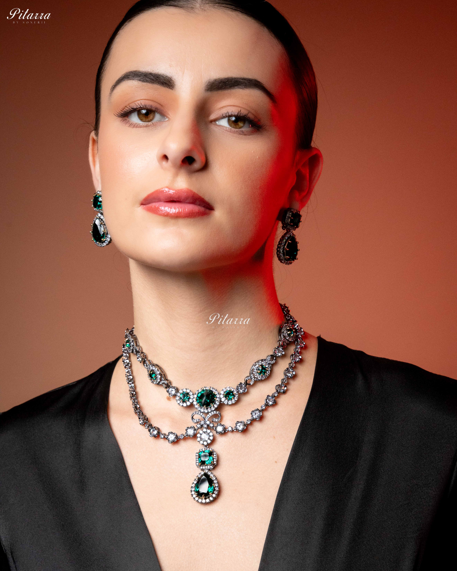 Emerald Two Layer Silver CZ Necklace Set