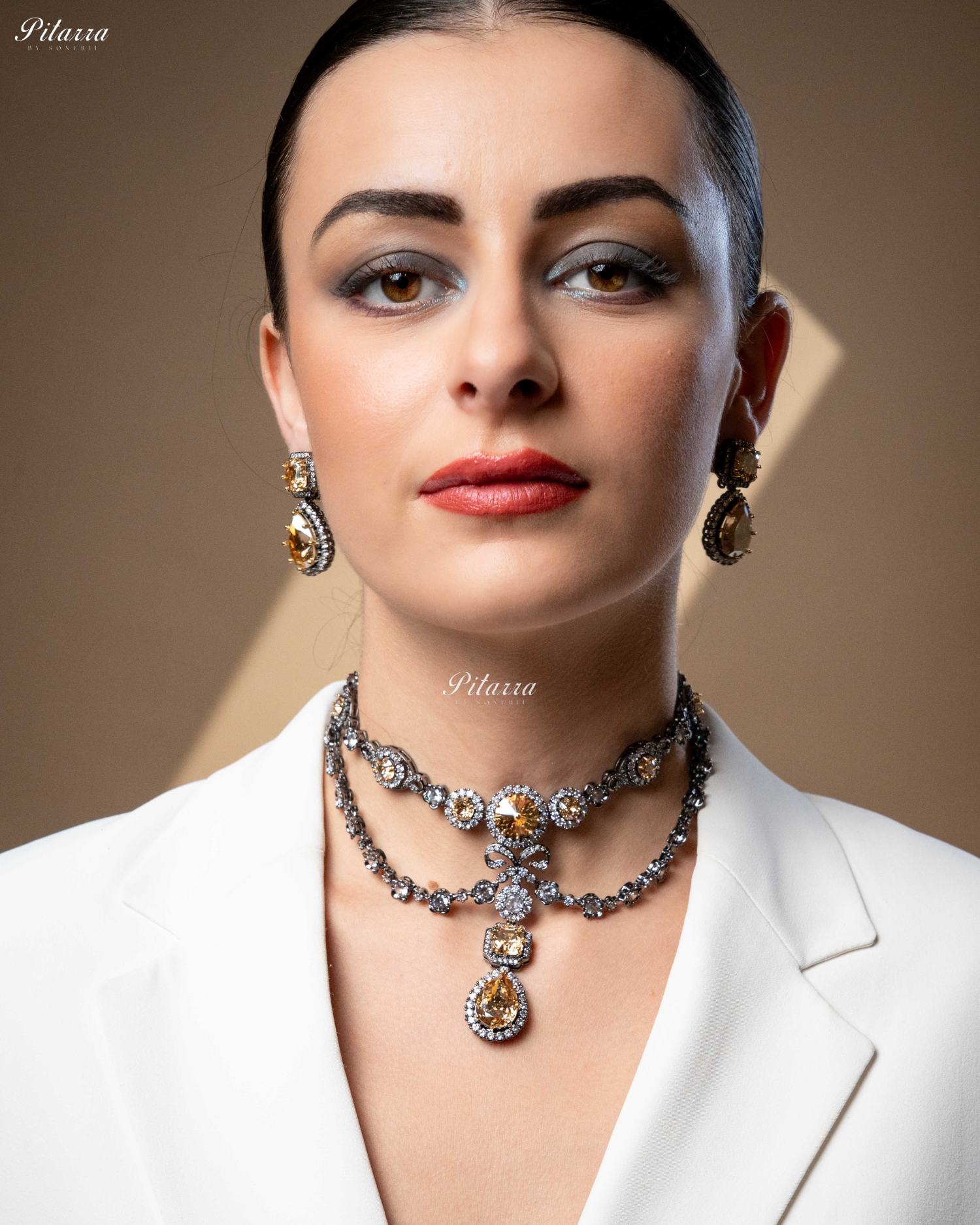 Yellow Two Layer Silver CZ Necklace Set