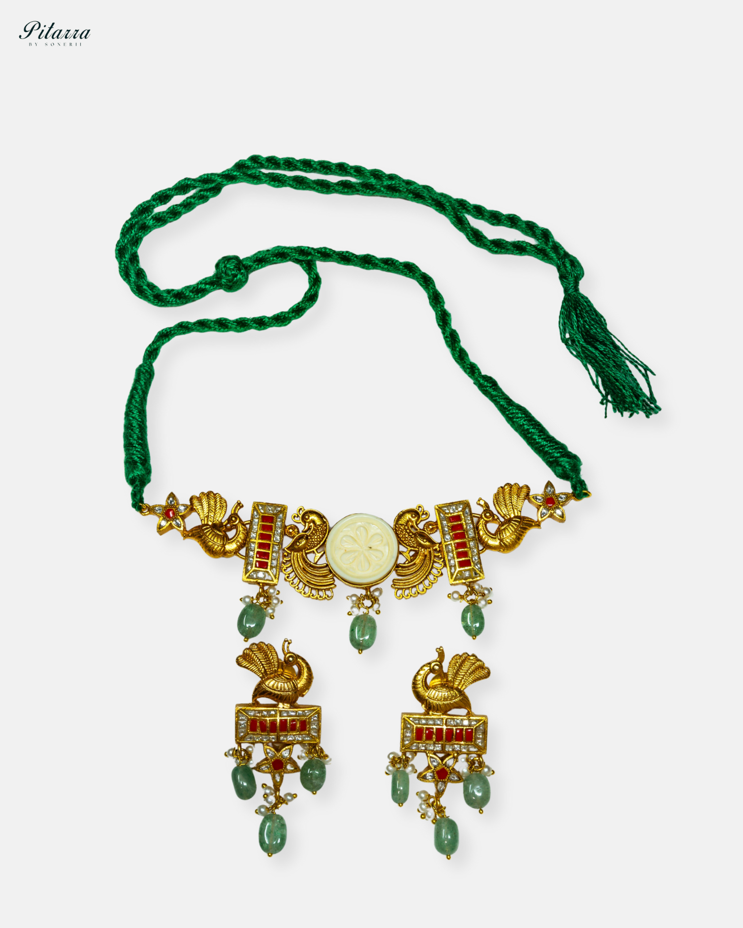 Golden Peacock Green Pearl Fusion Necklace Set