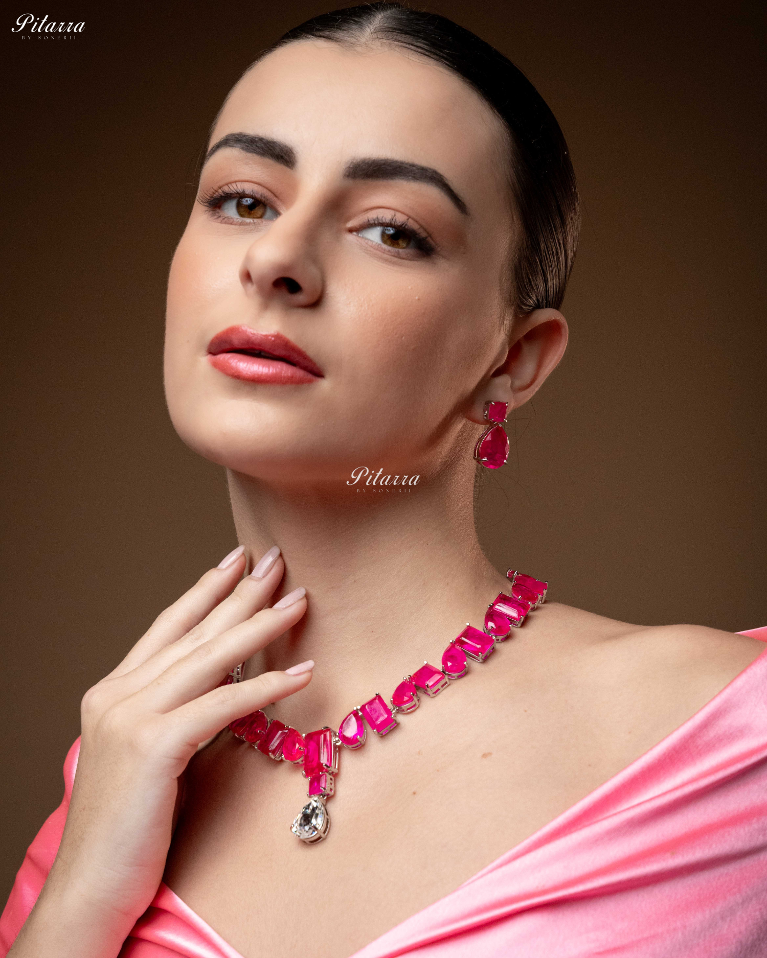 Pink Square and Drop Crystal Necklace Set