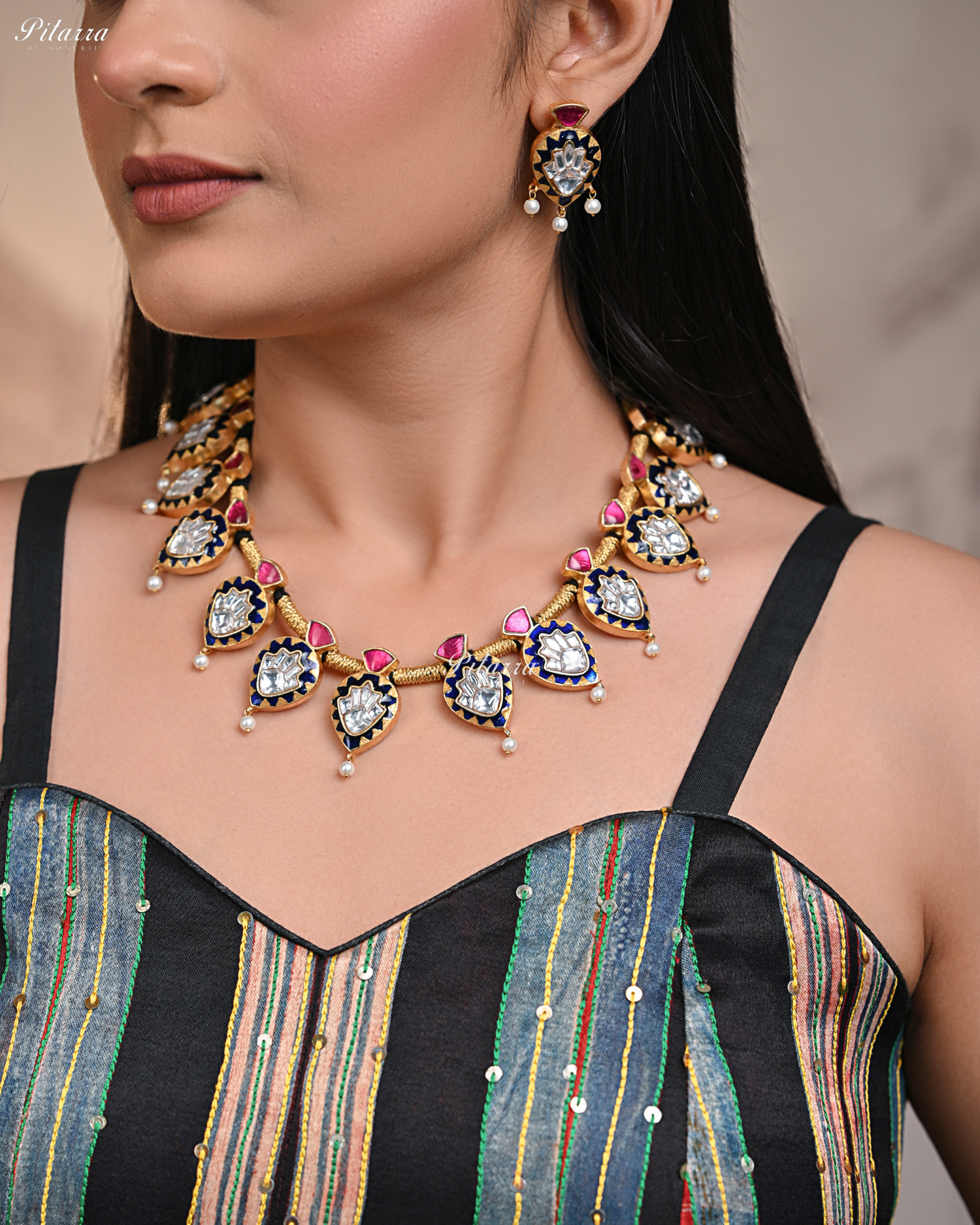 Blue Drop Exclusive Meena Kundan Necklace set