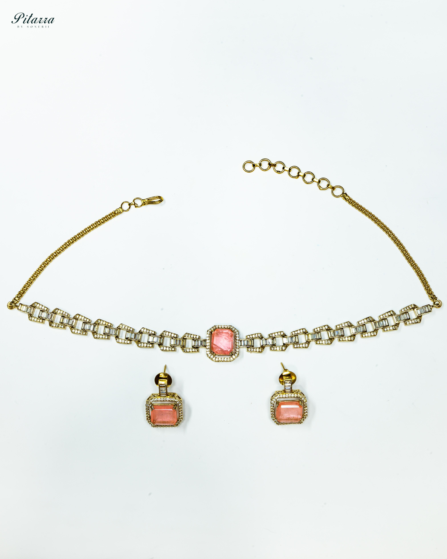 Peach Stone Doublet CZ Crystal Necklace Set