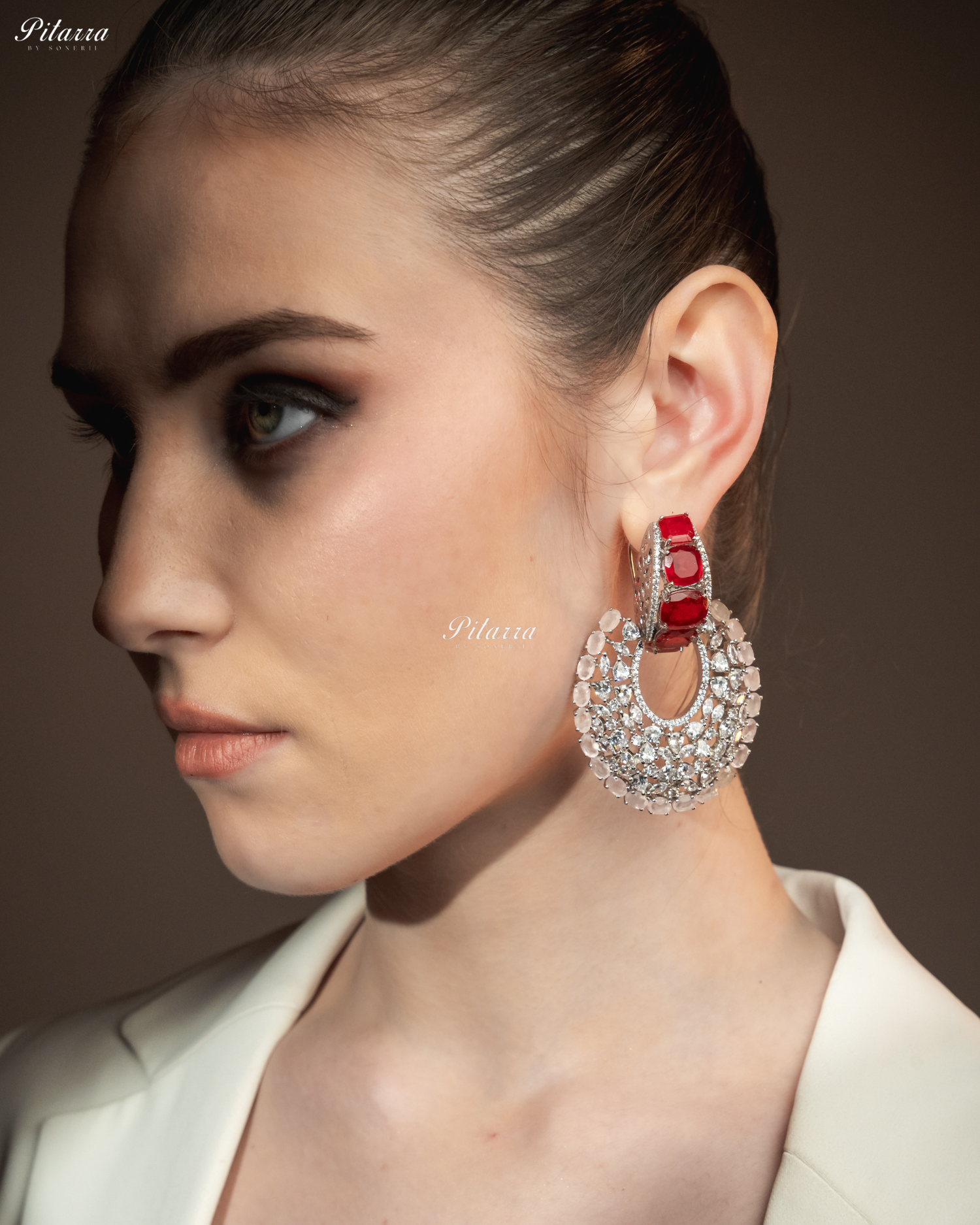 Red Stone White Layer Cubic Zirconia Dangler Earrings