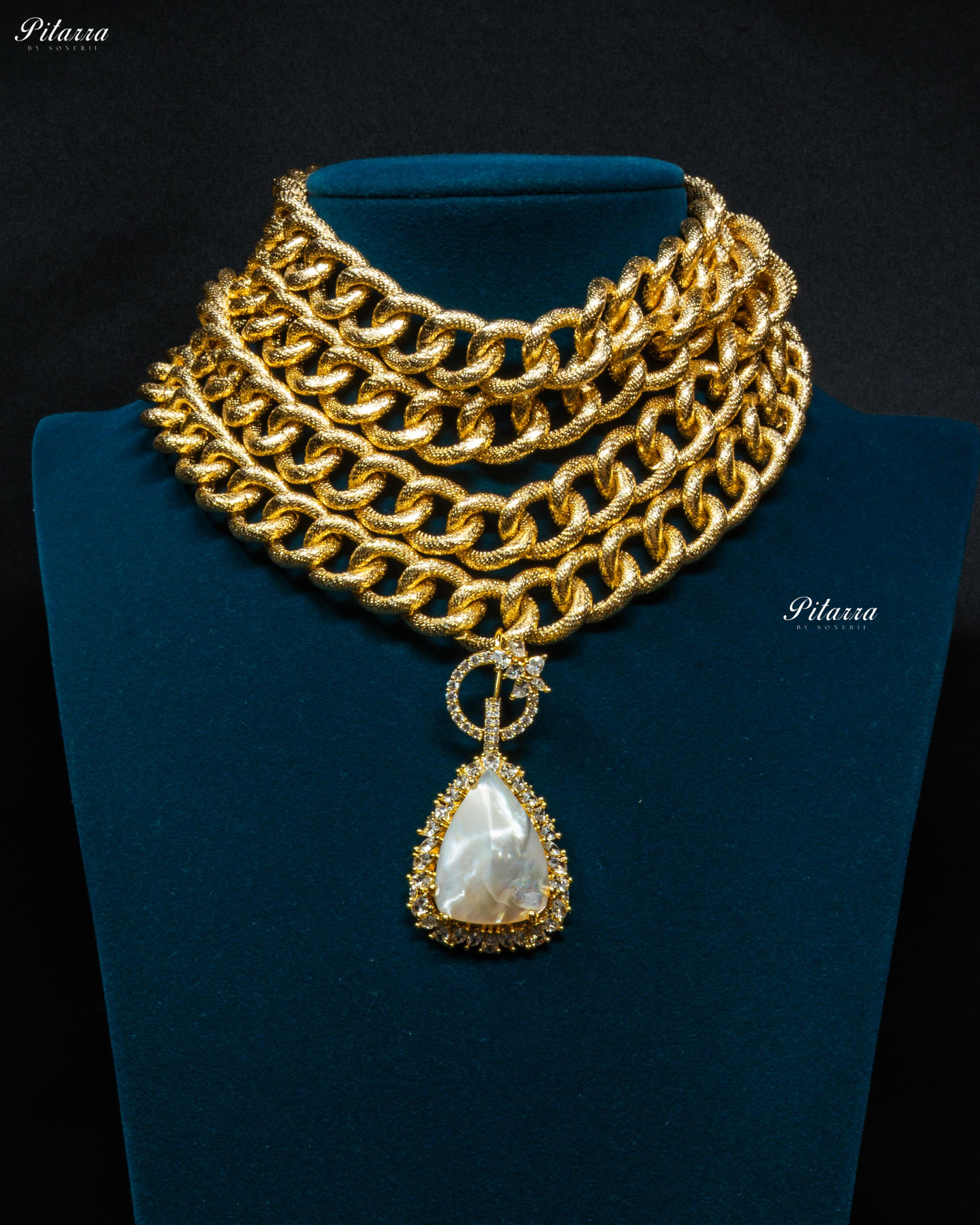 Golden Multilayered White Stone Statement Pendant Chain Choker