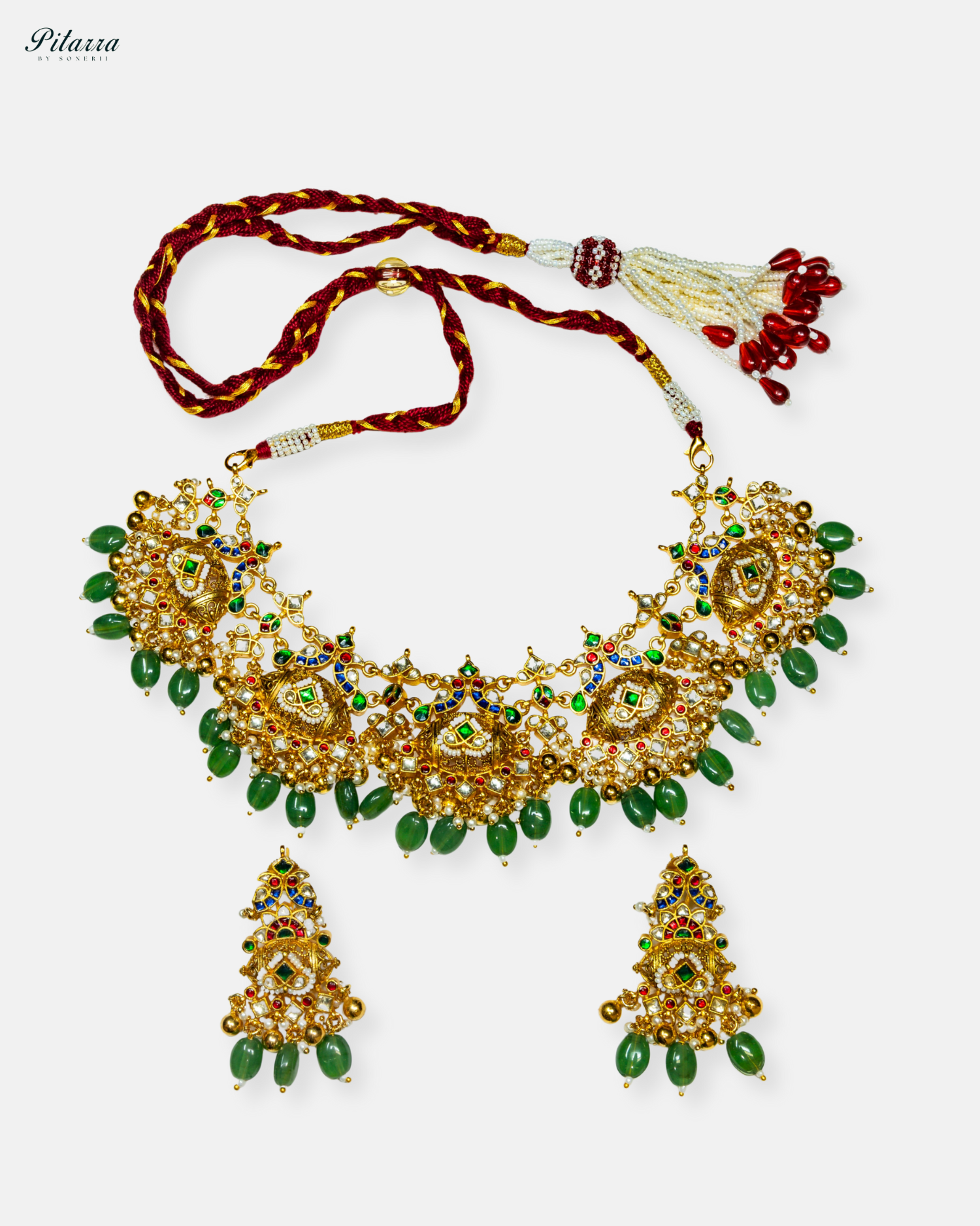 Gold Finish Green Beads Antique Design Choker Set