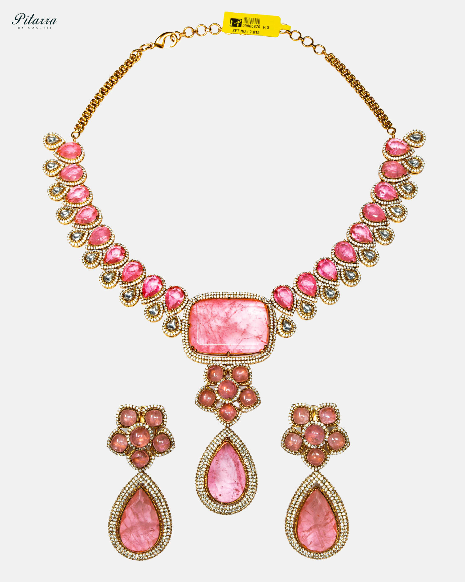 Pink Stone Tear Drop Carved Necklace Set