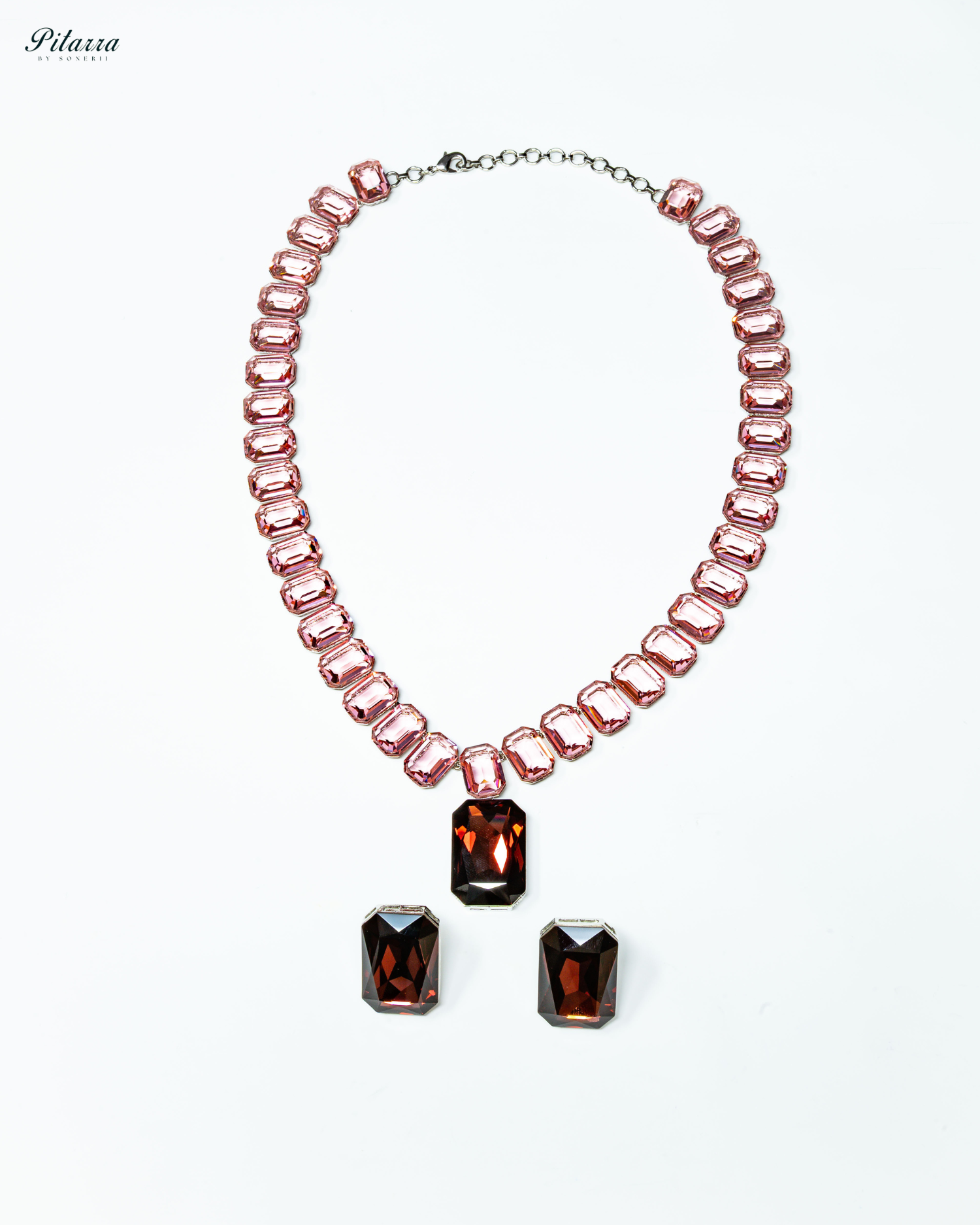 Red Stone Square Pinkish Crystal Necklace Set