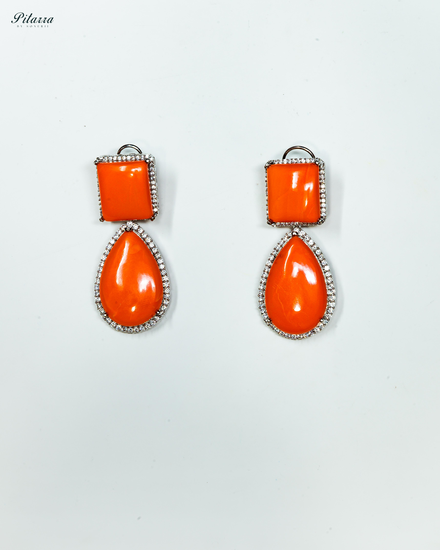Orange Color Drop Square Silver Crytsal Dangle Earrings