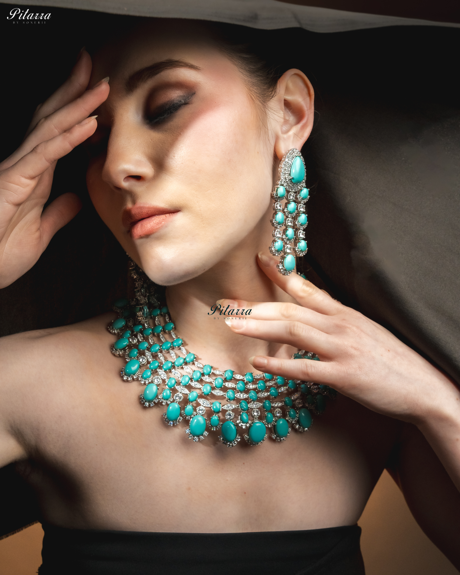 Turquiose Blue Stone Silver Multi Layer CZ Necklace Set