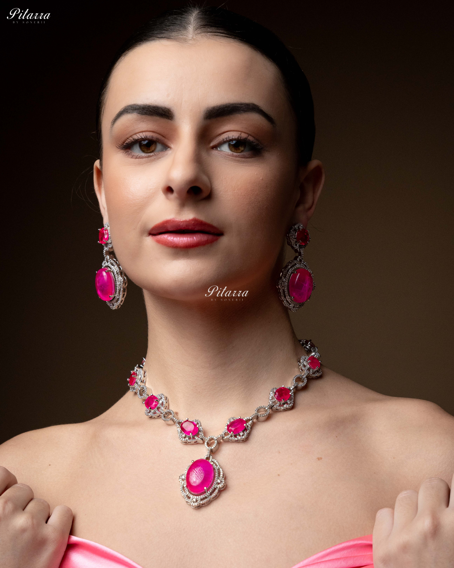 Pink Stone Silver Finish Tone Crystal Necklace Set