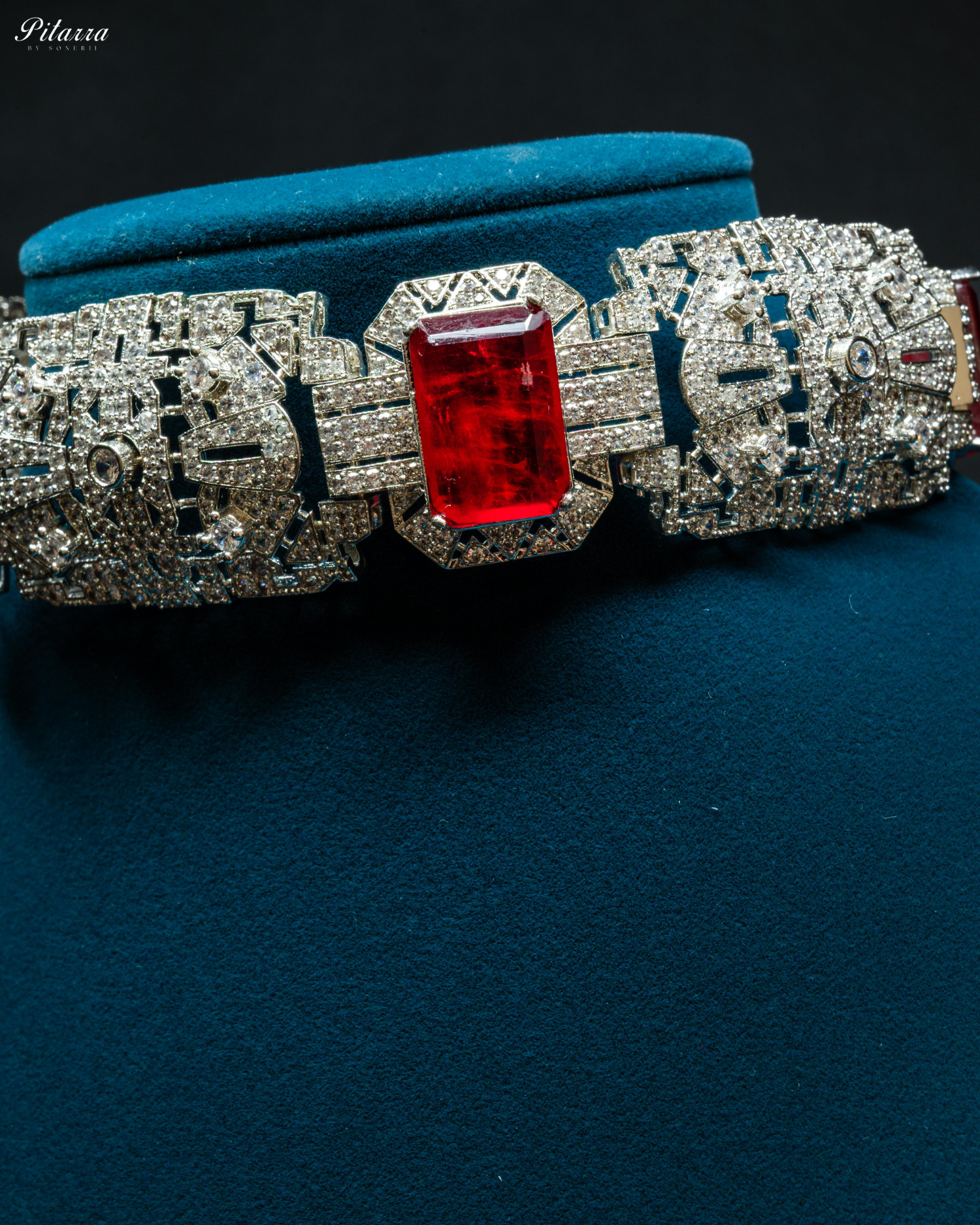 Cushion Cut Red Silver Crystal Choker Necklace
