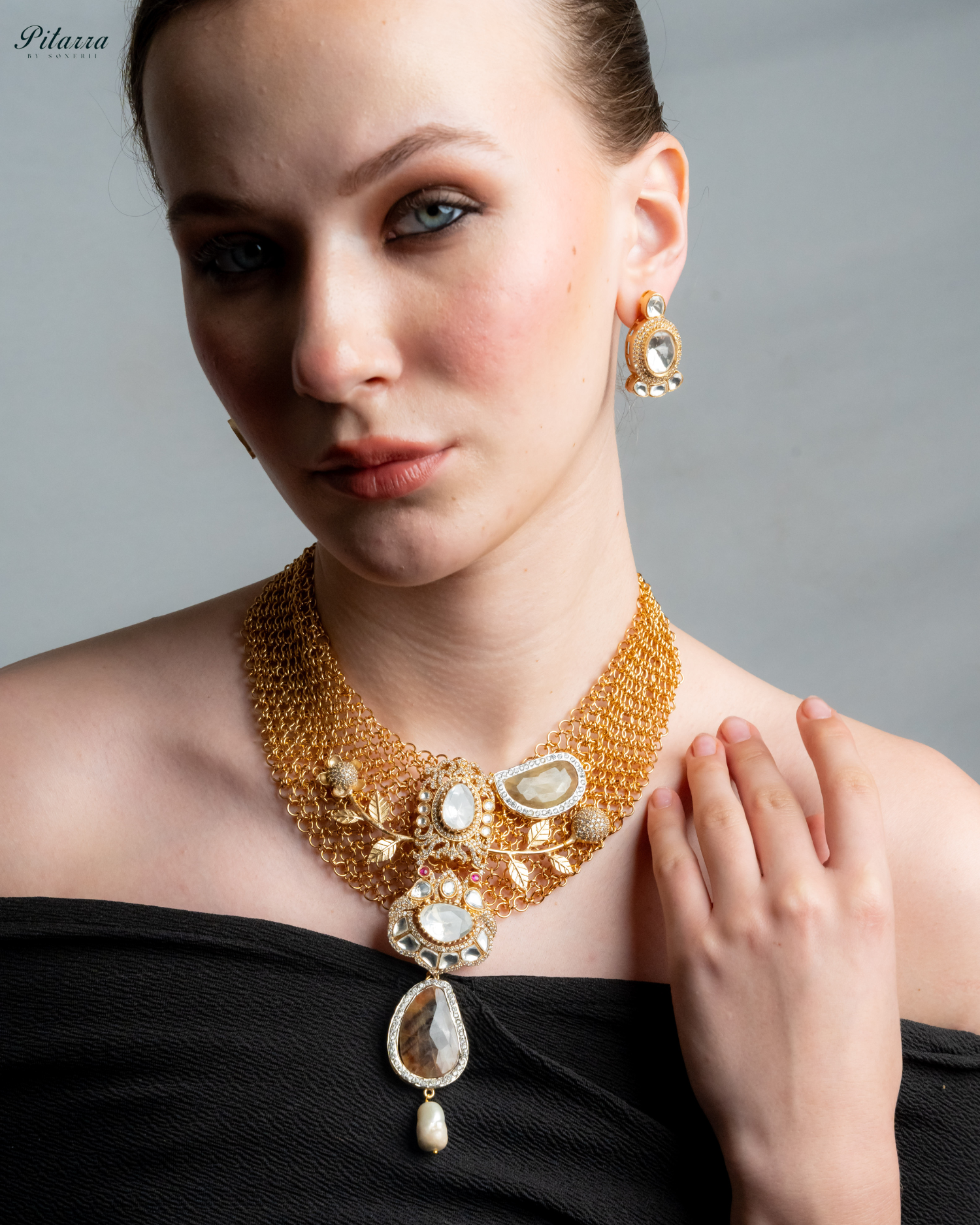 Antique Finish Golden Crystal Stone Kundan Set