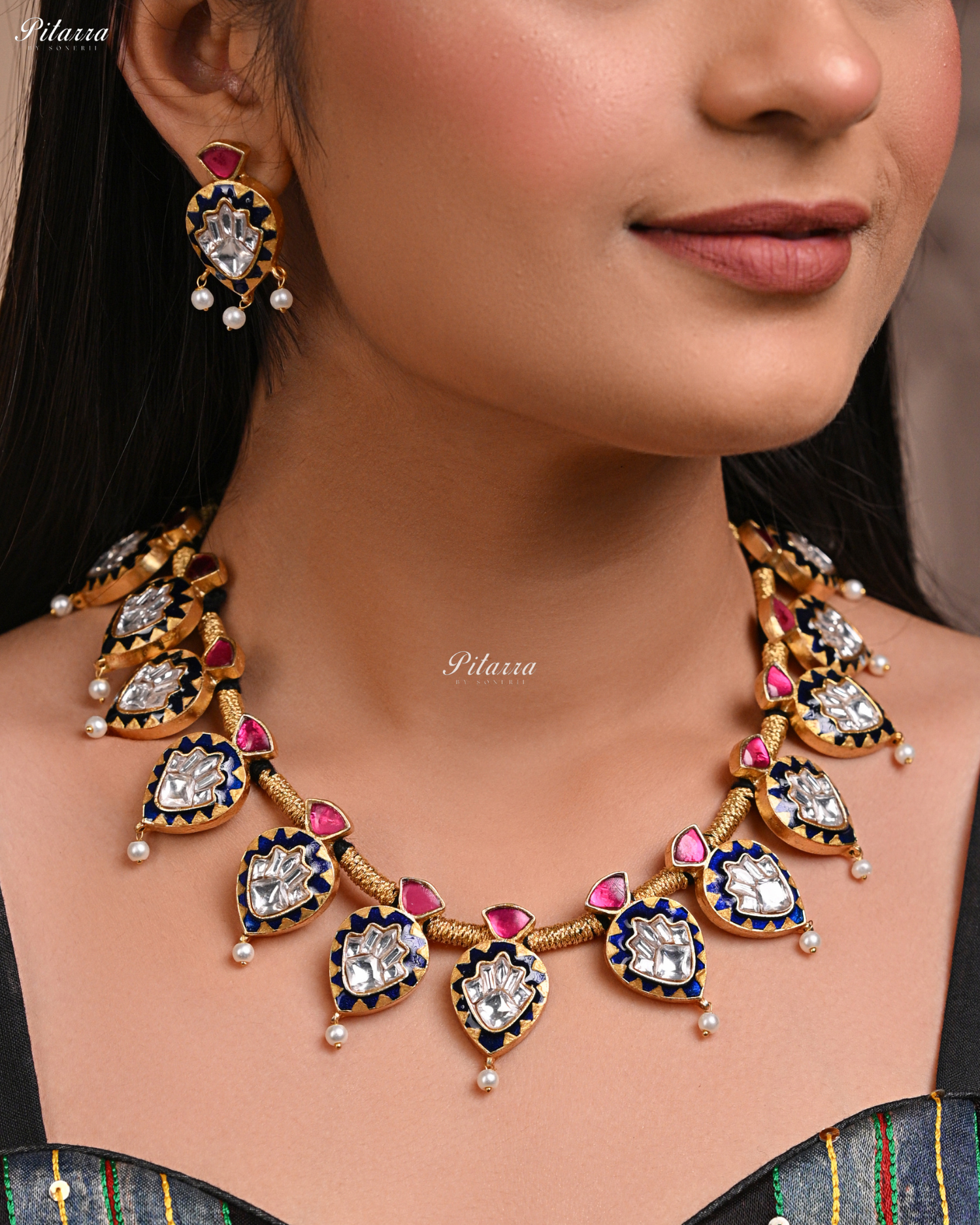 Blue Drop Exclusive Meena Kundan Necklace set