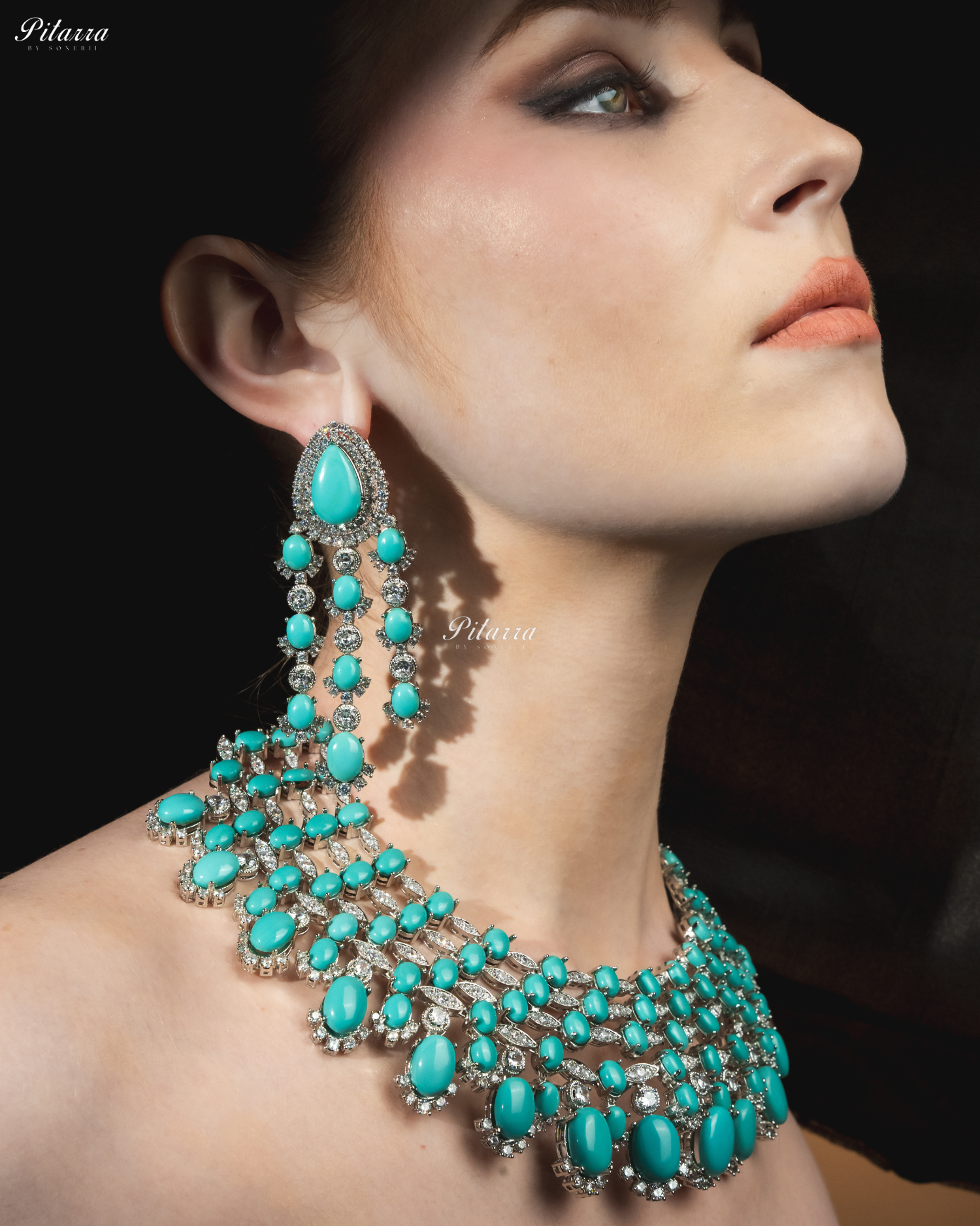 Turquiose Blue Stone Silver Multi Layer CZ Necklace Set