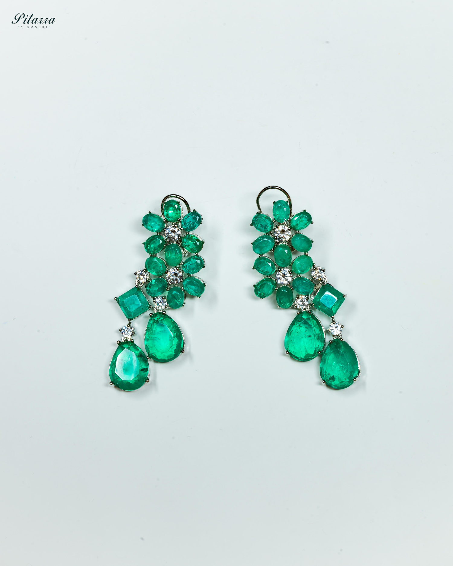 Silver Finish Green Crystal Dangler Earrings