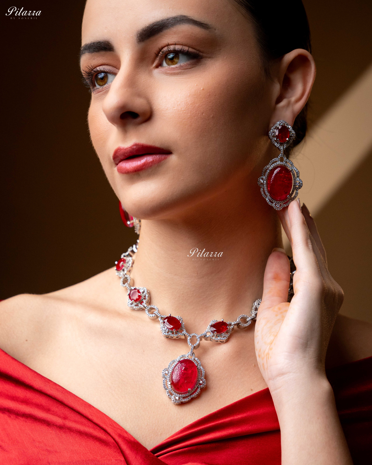 Red Stone Silver Finish Tone Crystal Necklace Set