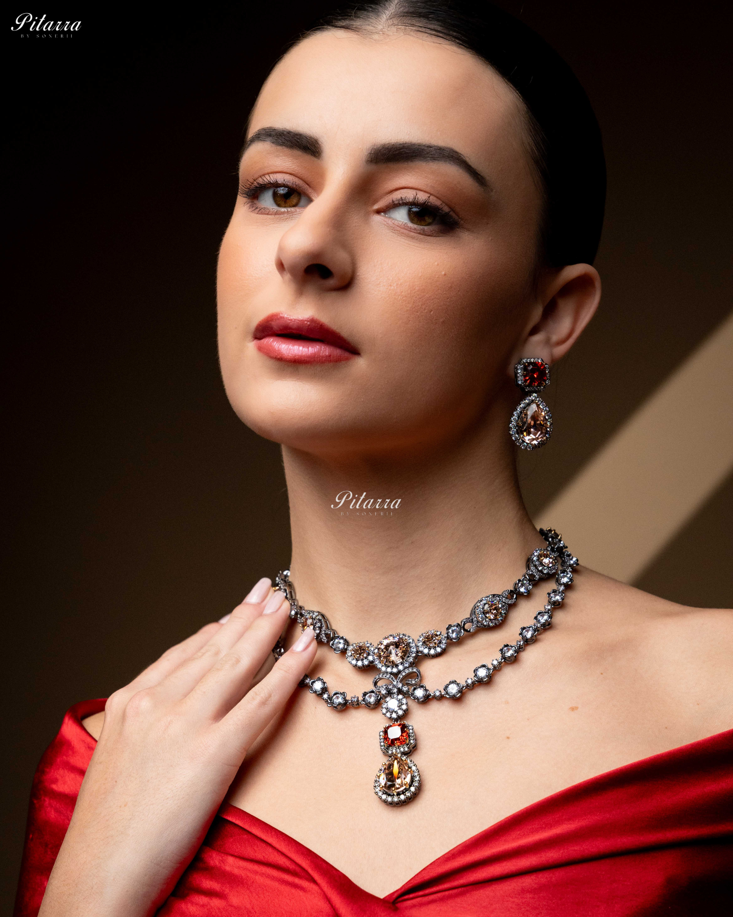 Multicolor Two Layer Silver CZ Necklace Set