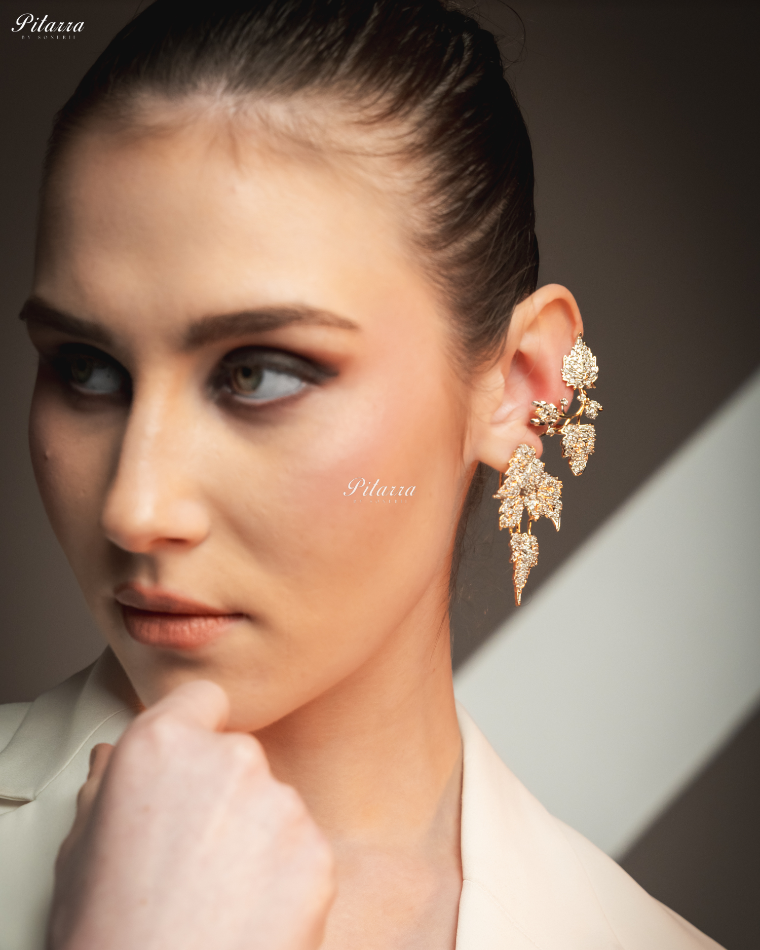 Silver - Golden Unique Leaf Shaped Crystal Earrings