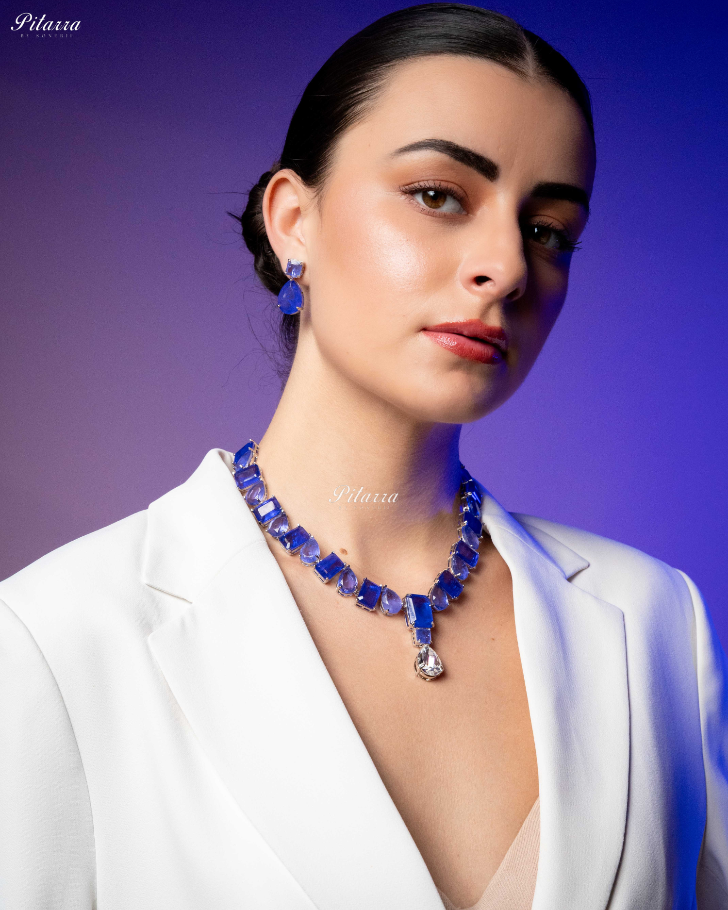 Blue Square and Drop Crystal Necklace Set
