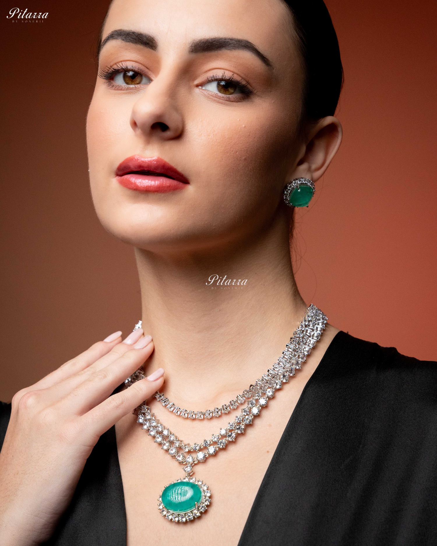 Green Stone Cubic Zirconia Silver Necklace Set