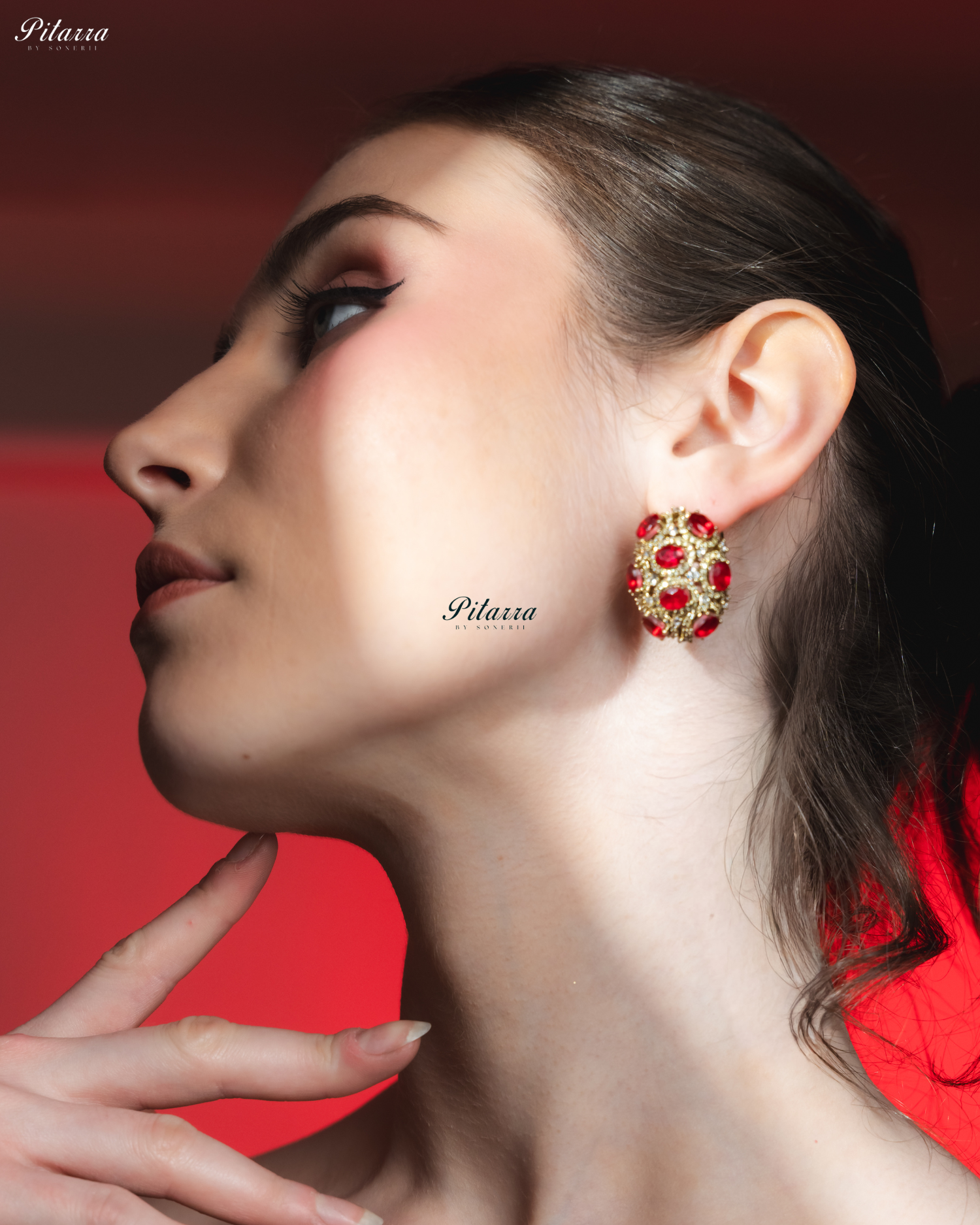 Red Stone Golden Crystal Stud Earrings