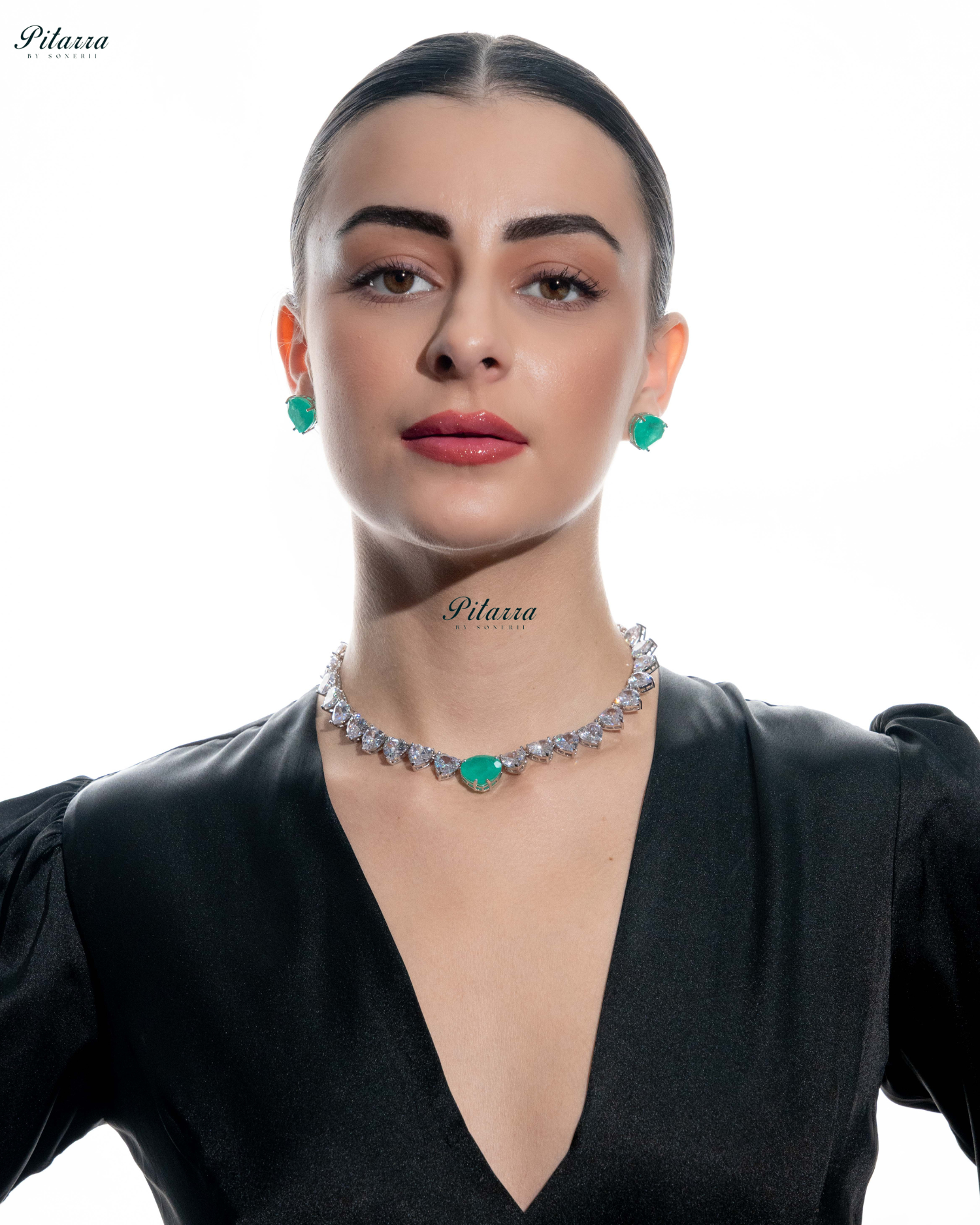 Mint Green Stone White Heartline Zircon Necklace Set