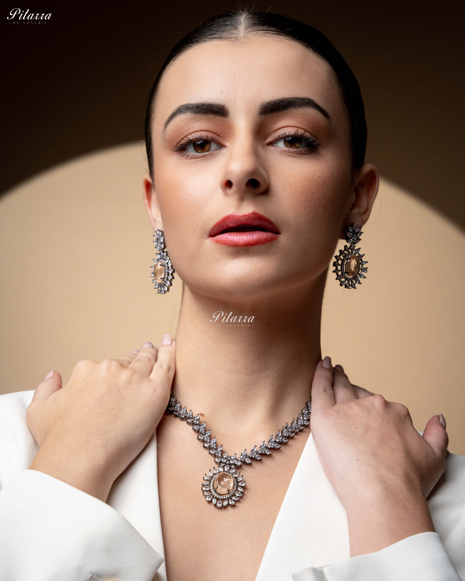 Peach Color Stones Dazzling Cubic Zirconia Necklace Set