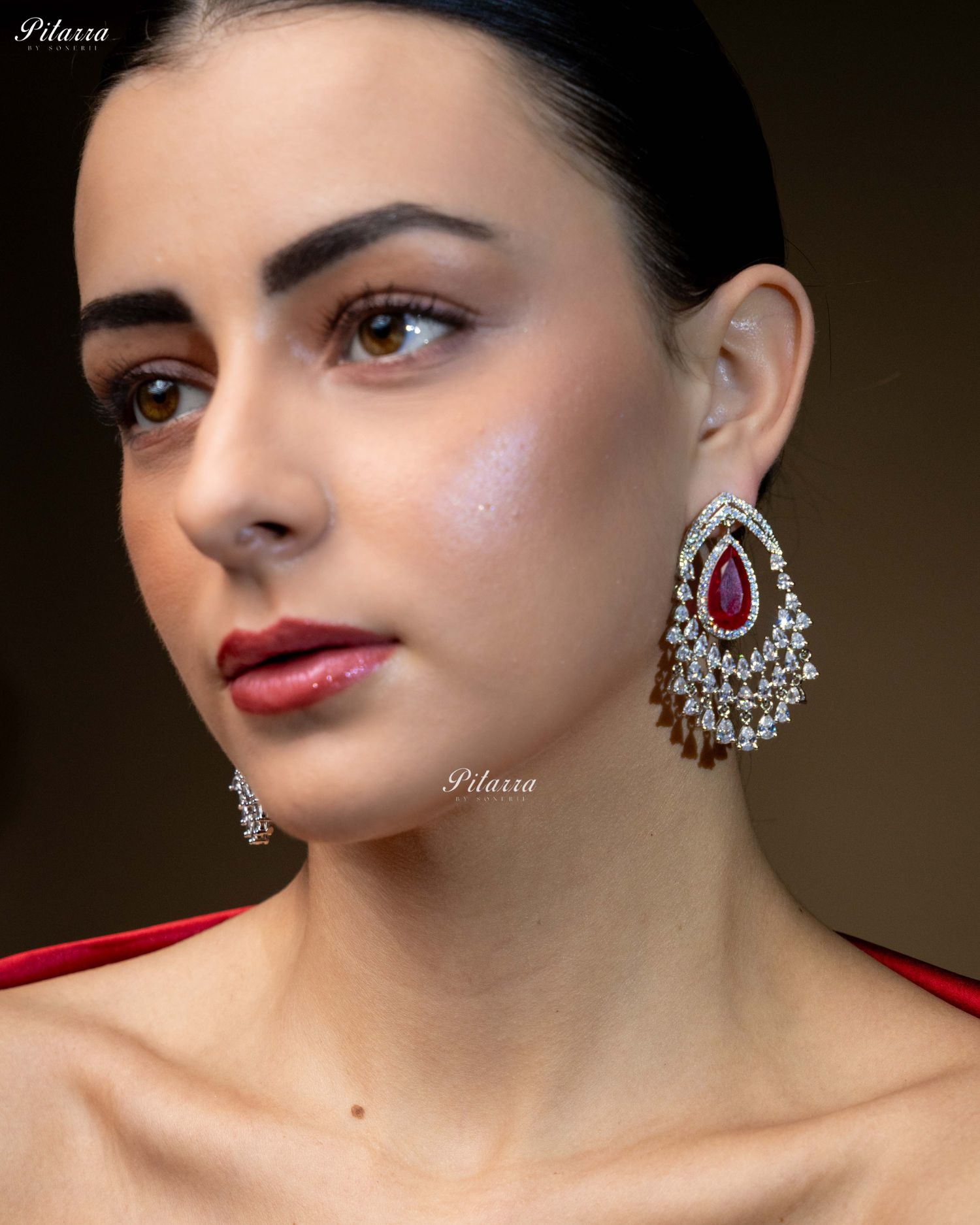 Red Stone Silver CZ Dangle Earrings