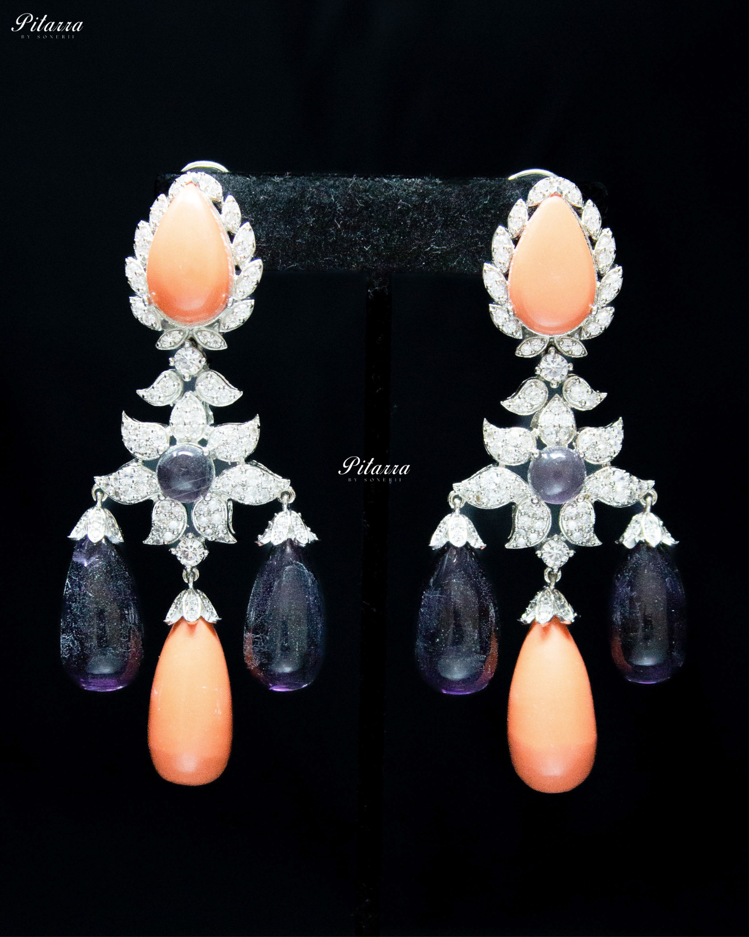 Peach and Amethyst Statement Crytsal Dangler Earrings