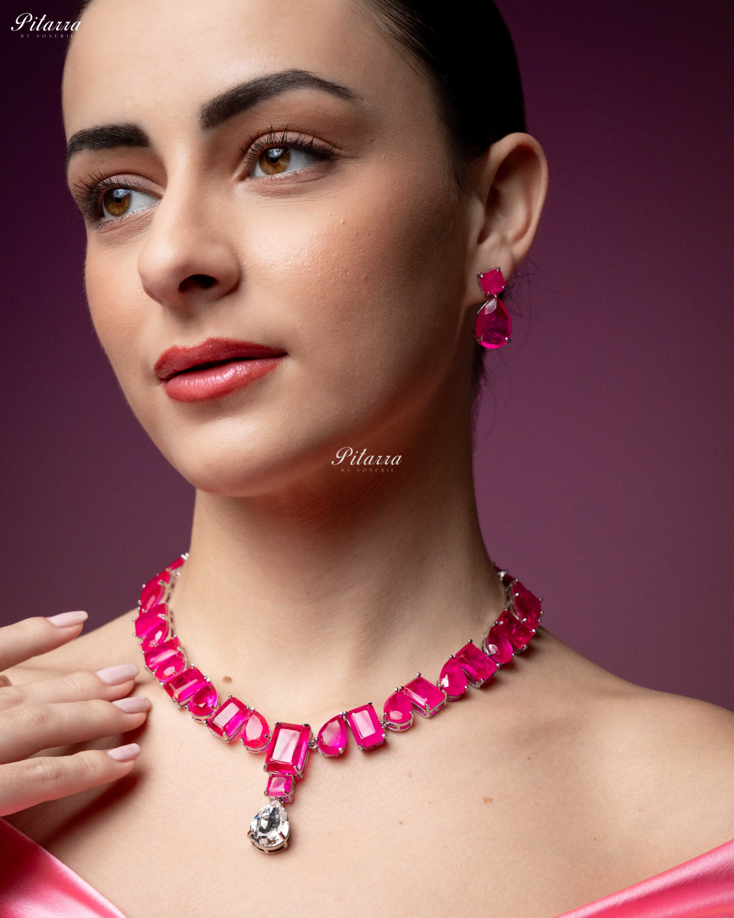 Pink Square and Drop Crystal Necklace Set