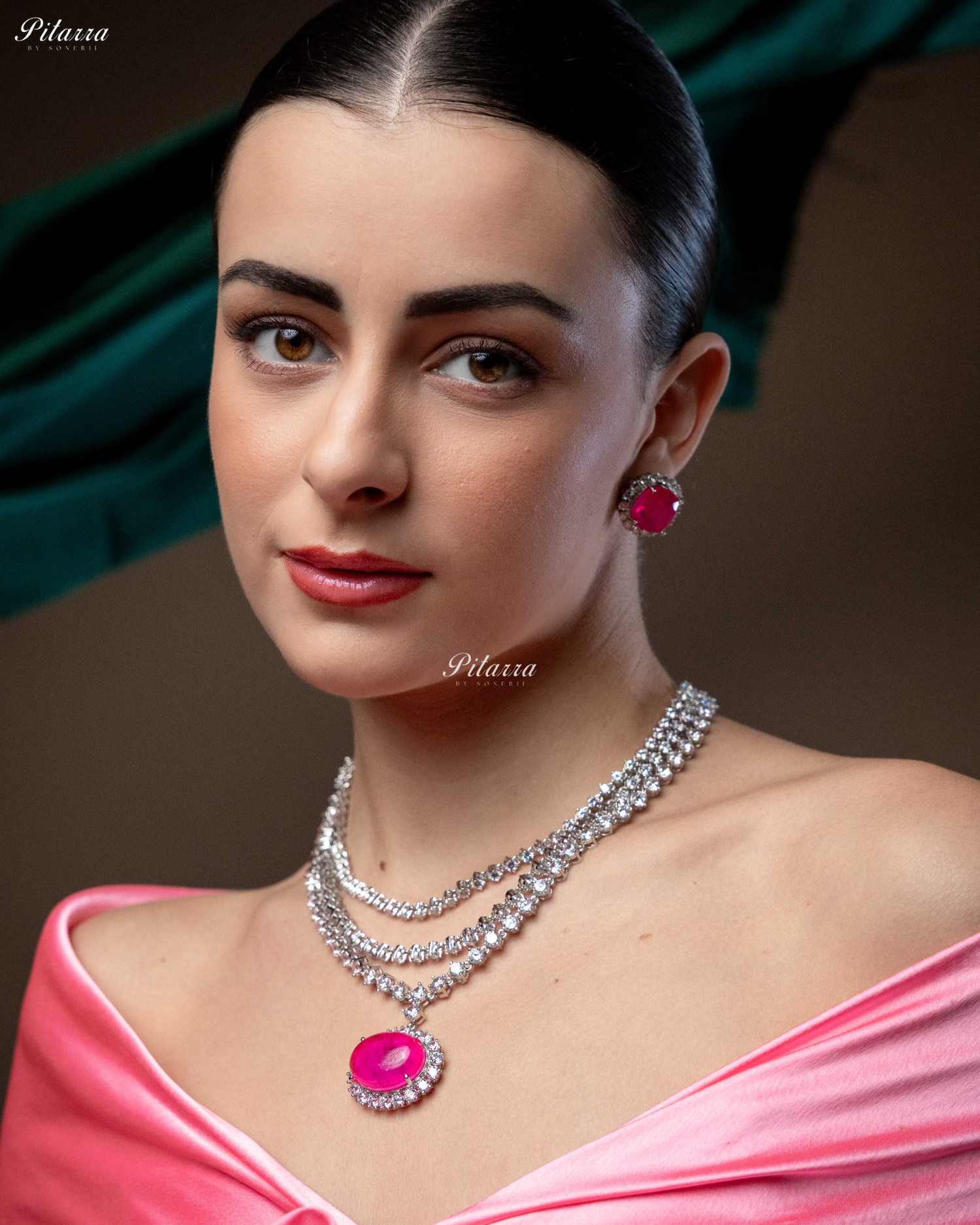 Pink Stone Cubic Zirconia Silver Necklace Set