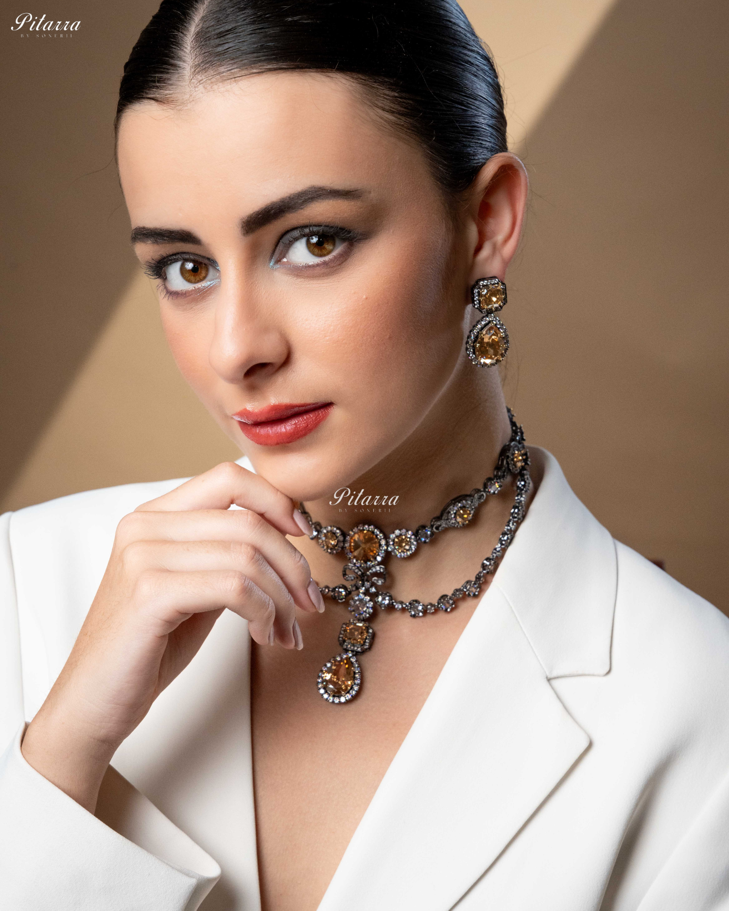 Yellow Two Layer Silver CZ Necklace Set