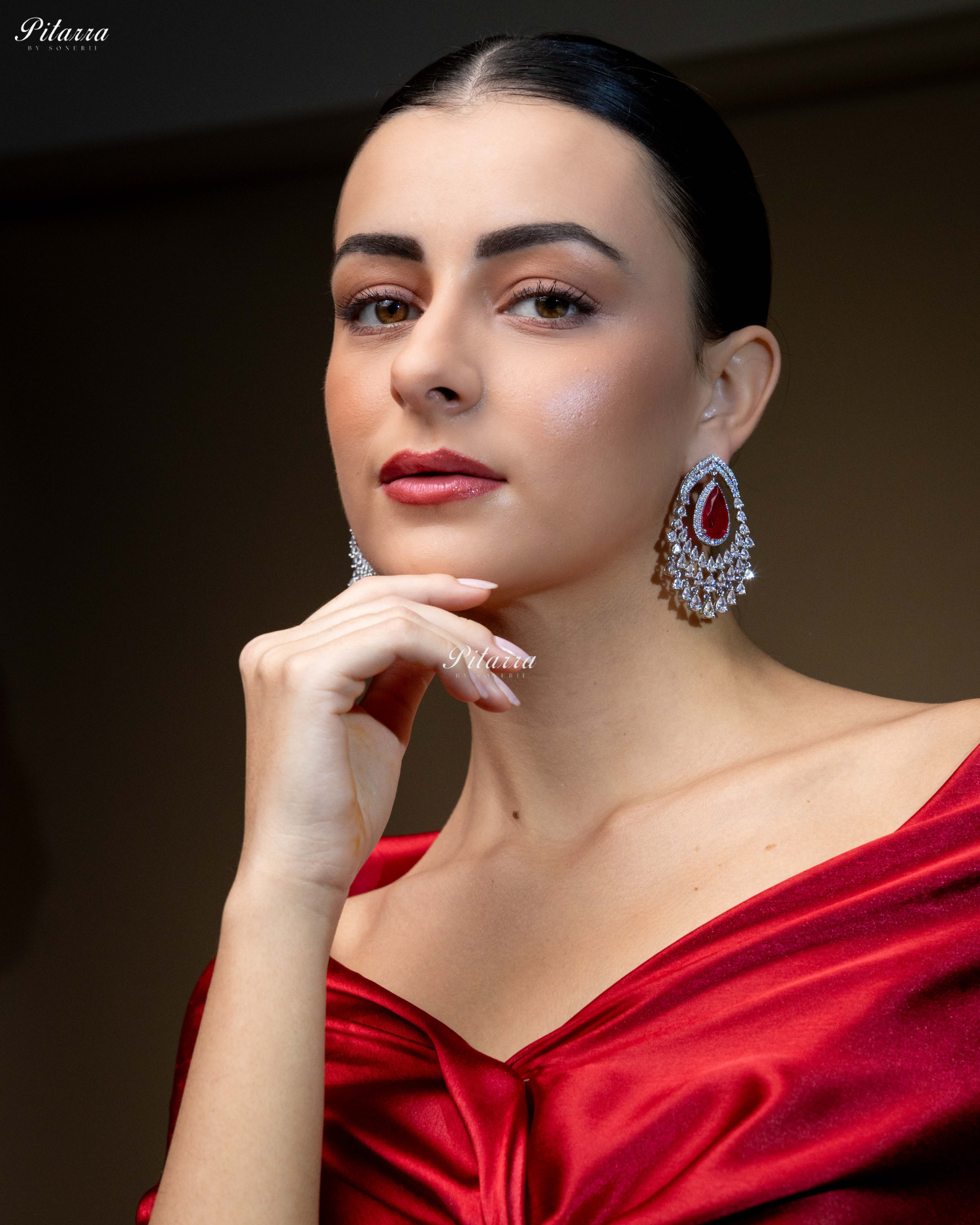 Red Stone Silver CZ Dangle Earrings