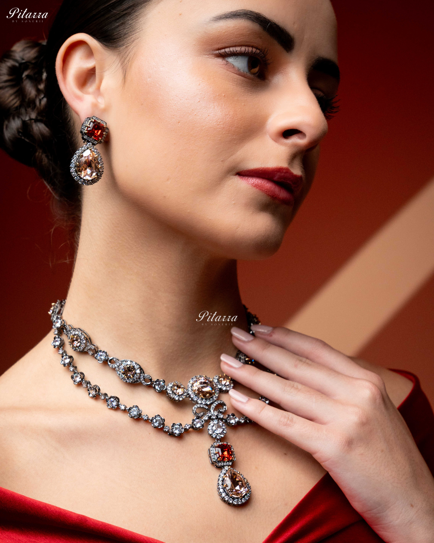 Multicolor Two Layer Silver CZ Necklace Set