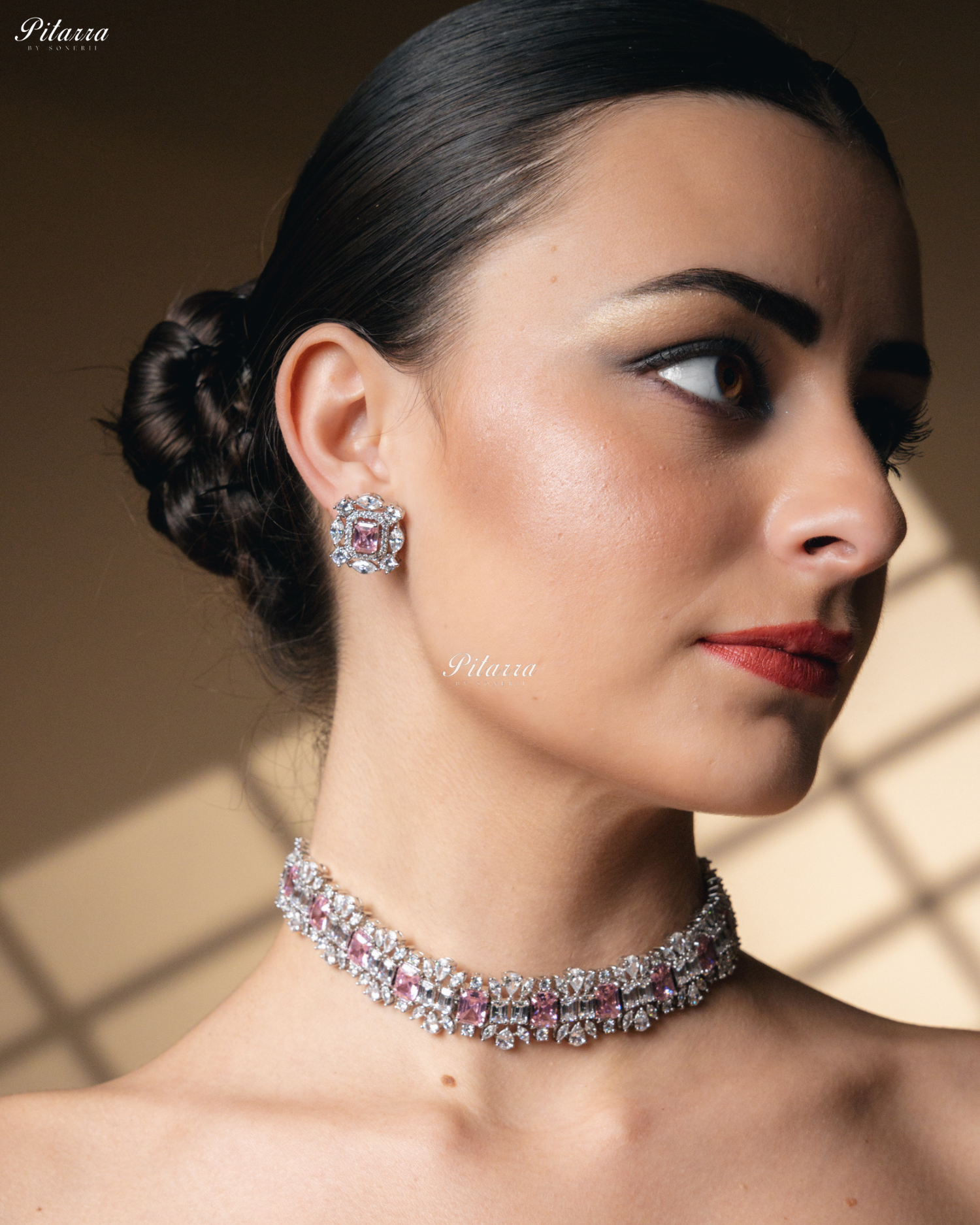 Pink Stone Silver Plated CZ Necklace Set