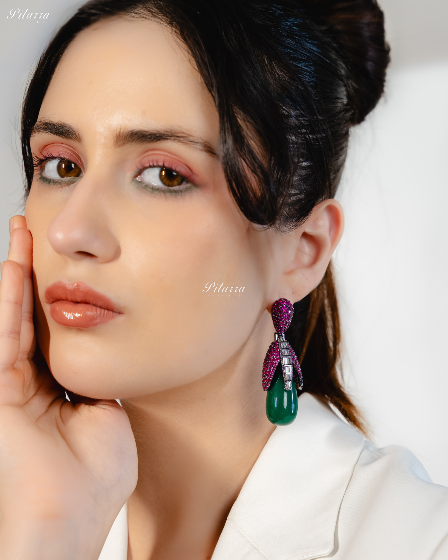 Pink Leaf Emerald Teardrop CZ Crystal Earrings