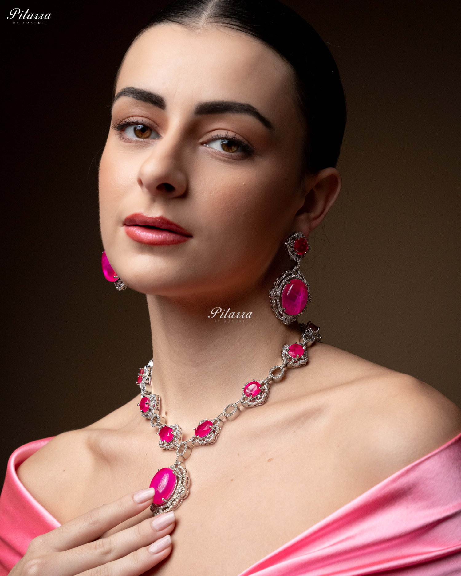 Pink Stone Silver Finish Tone Crystal Necklace Set