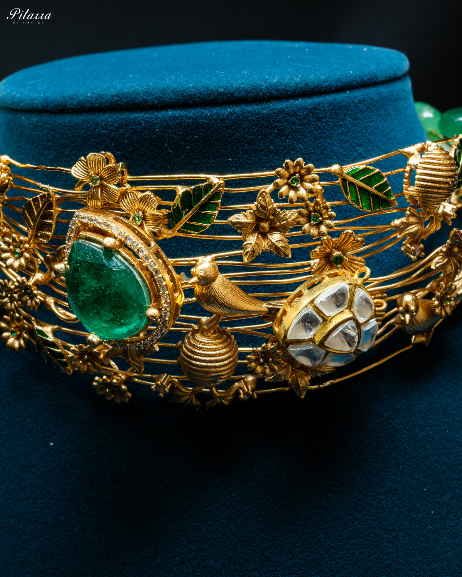 Golden Leaf With Emerald Crystal Stone Choker Set