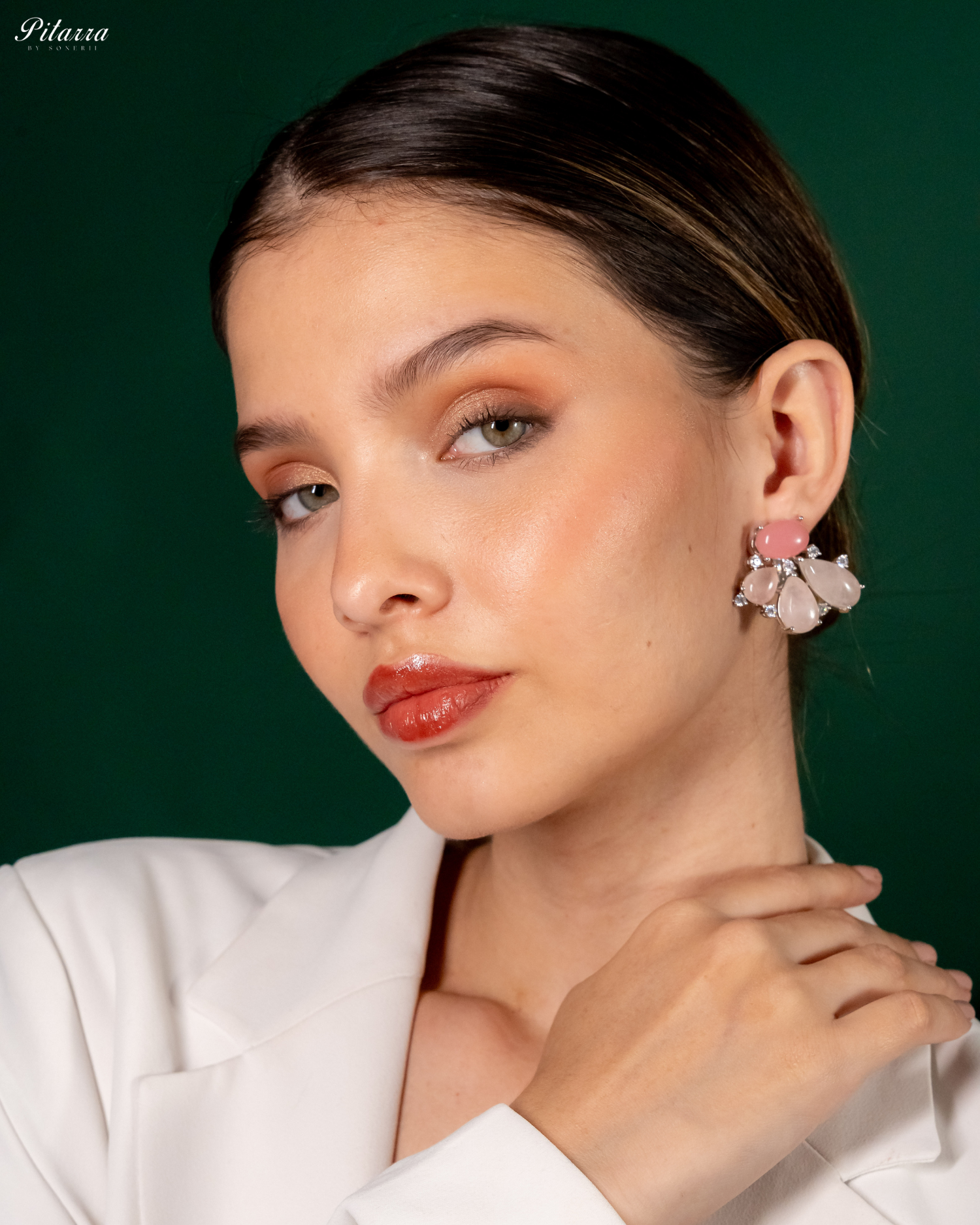 Silver Pink Stone Stud Earrings