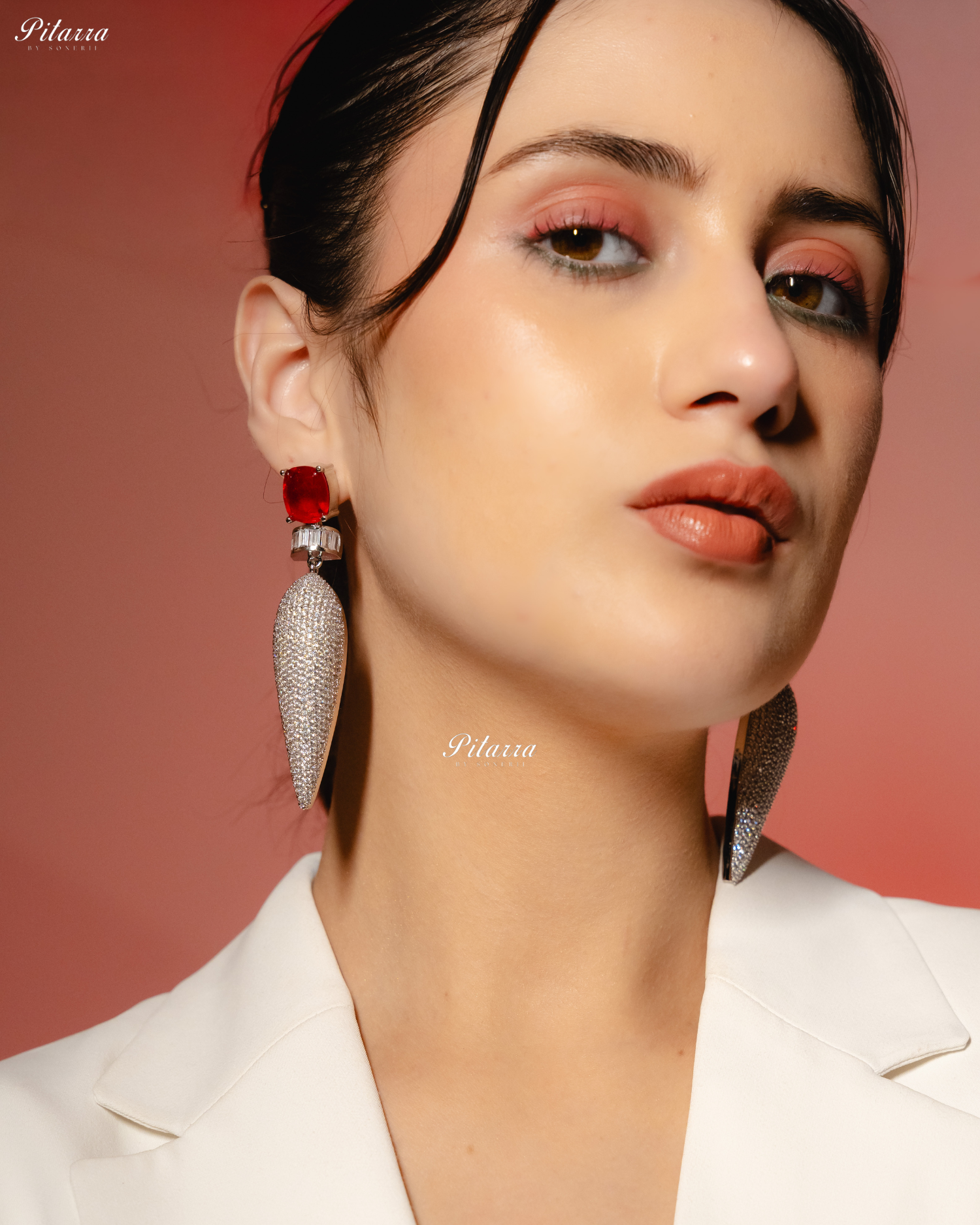 Red Stone Shiny Teardrop Doublet Dangler Earrings