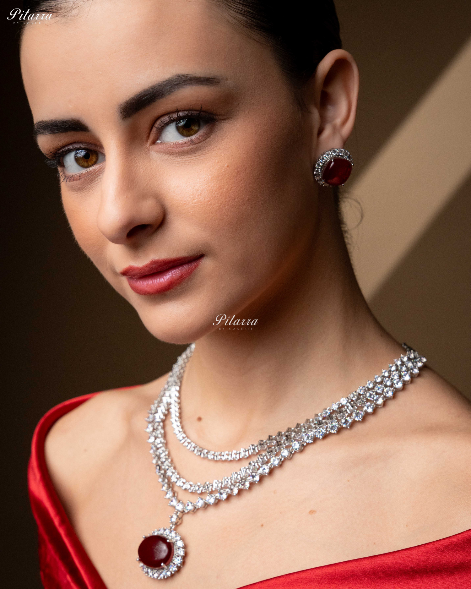 Ruby Red Stone Cubic Zirconia Silver Necklace Set